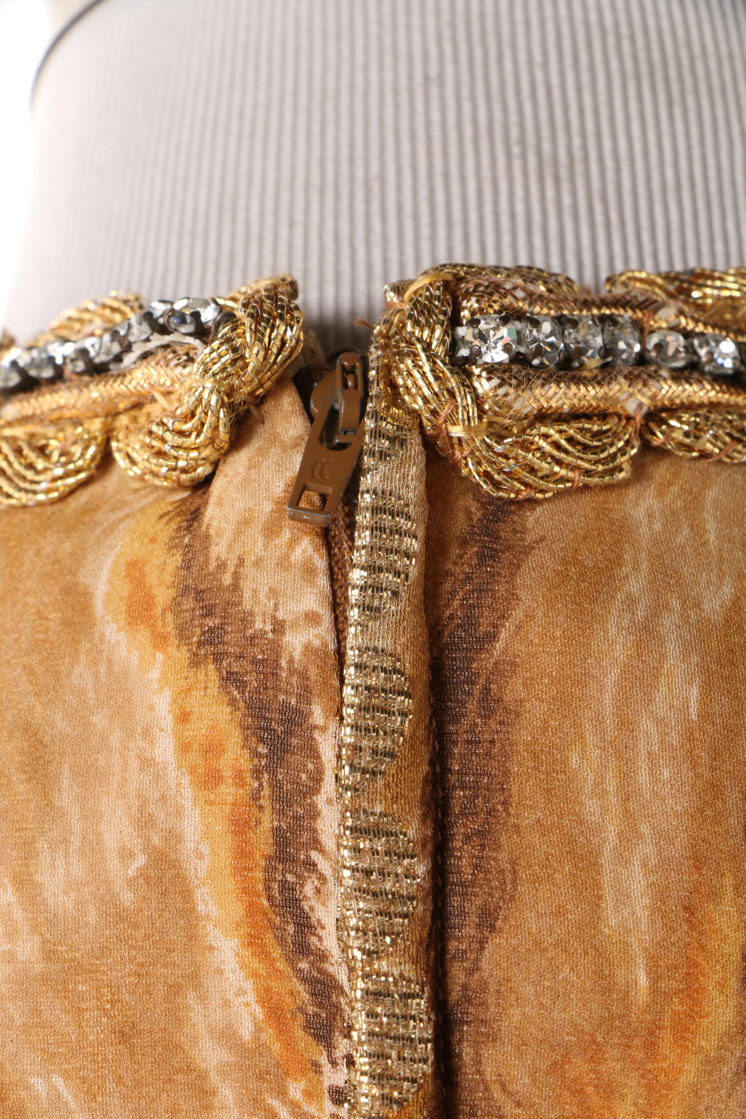 1960s Vintage Bill Blass Gold Tone Animal Print Silk Chiffon V-Cut Dress