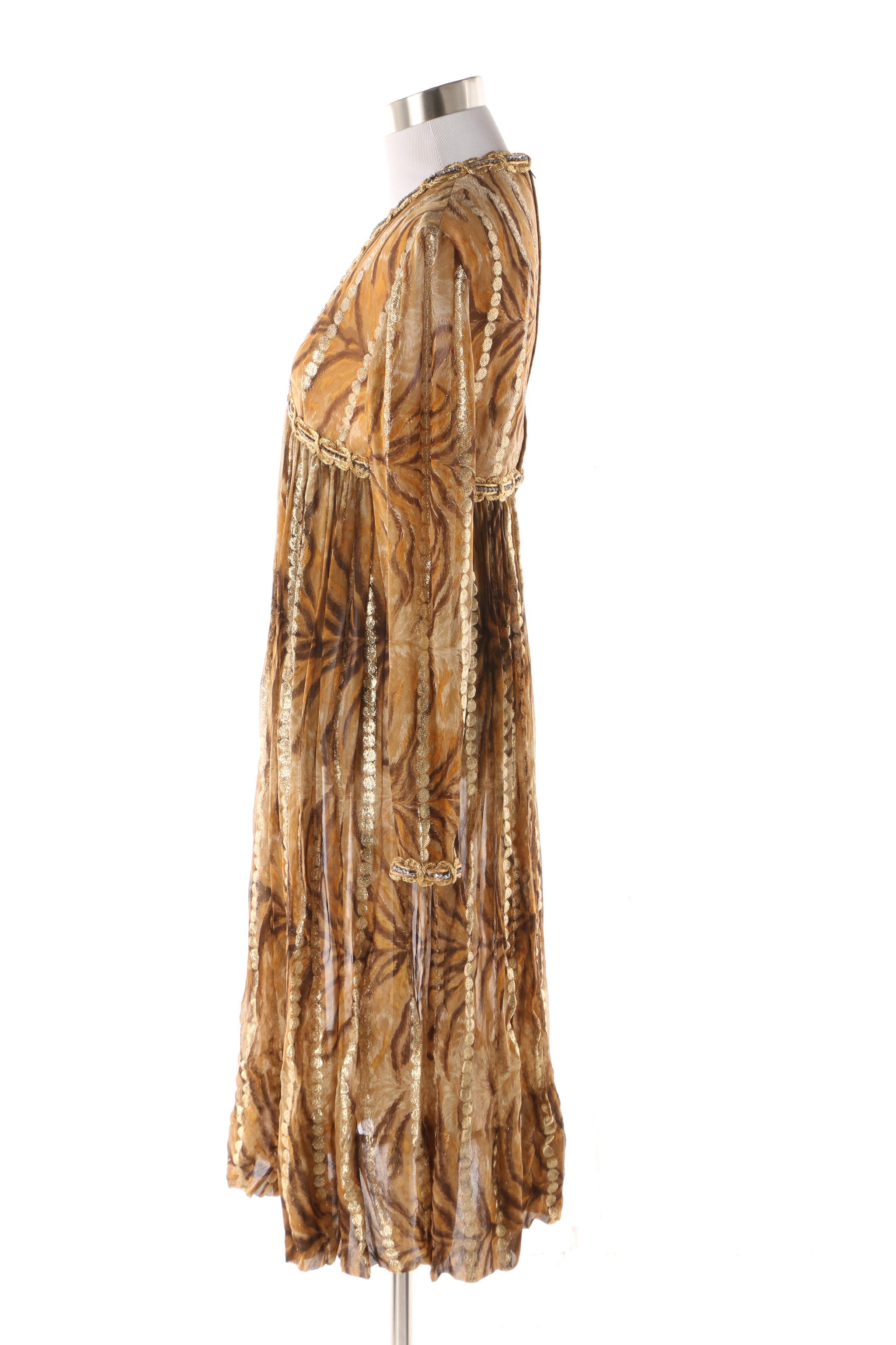 1960s Vintage Bill Blass Gold Tone Animal Print Silk Chiffon V-Cut Dress
