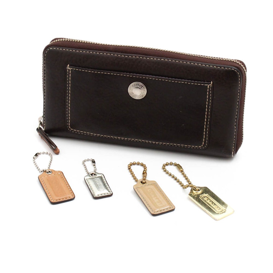 Coach Pebbled Brown Leather Zip-Around Wallet and Hang Tags