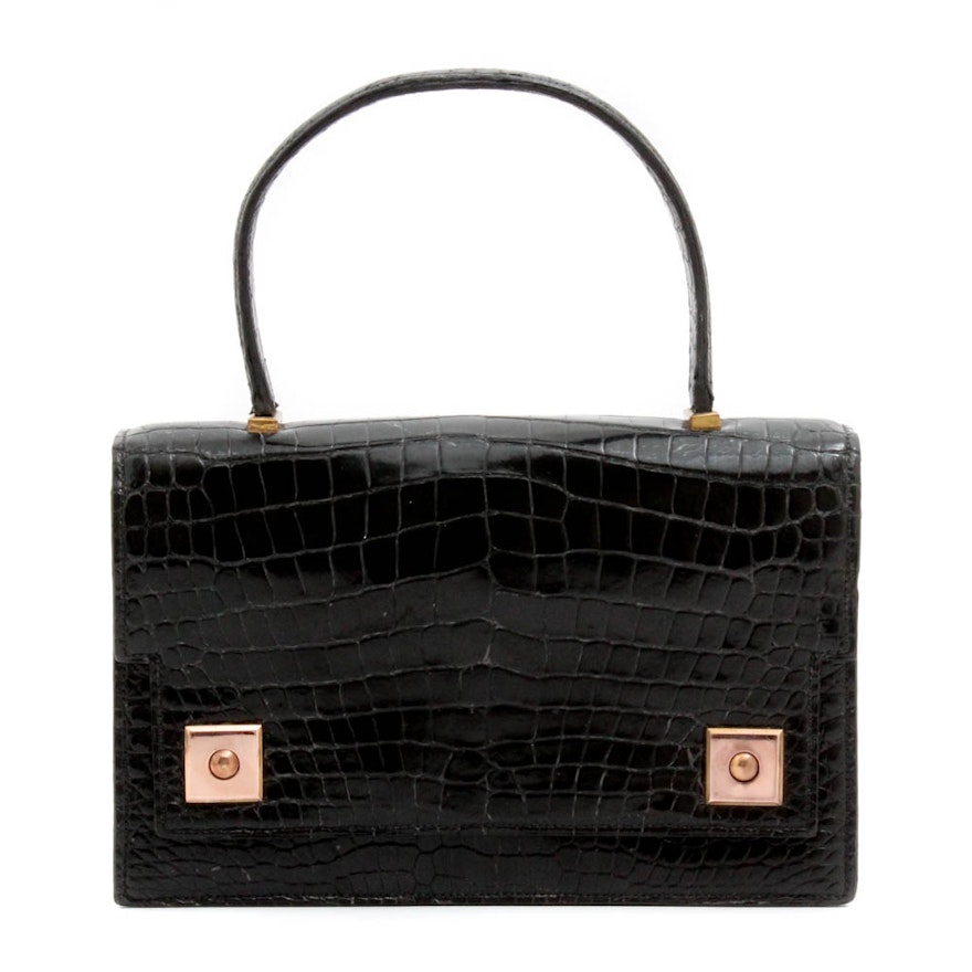 Vintage Hermès of Paris Black Piano Flap Crocodile Handbag