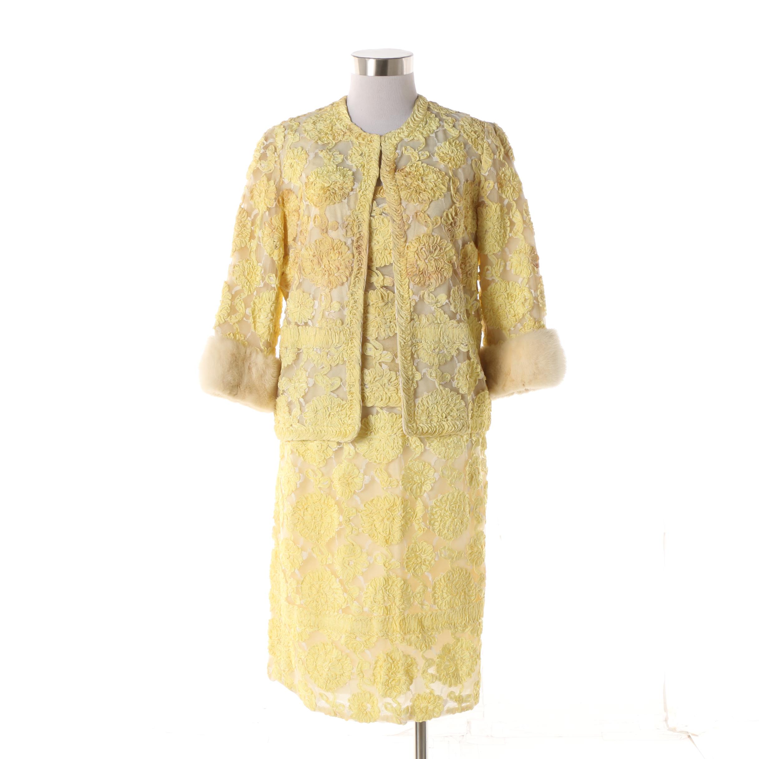 1950s House of Jules Yellow Silk and Ribbon Work Skirt Suit with Mink Fur Trim