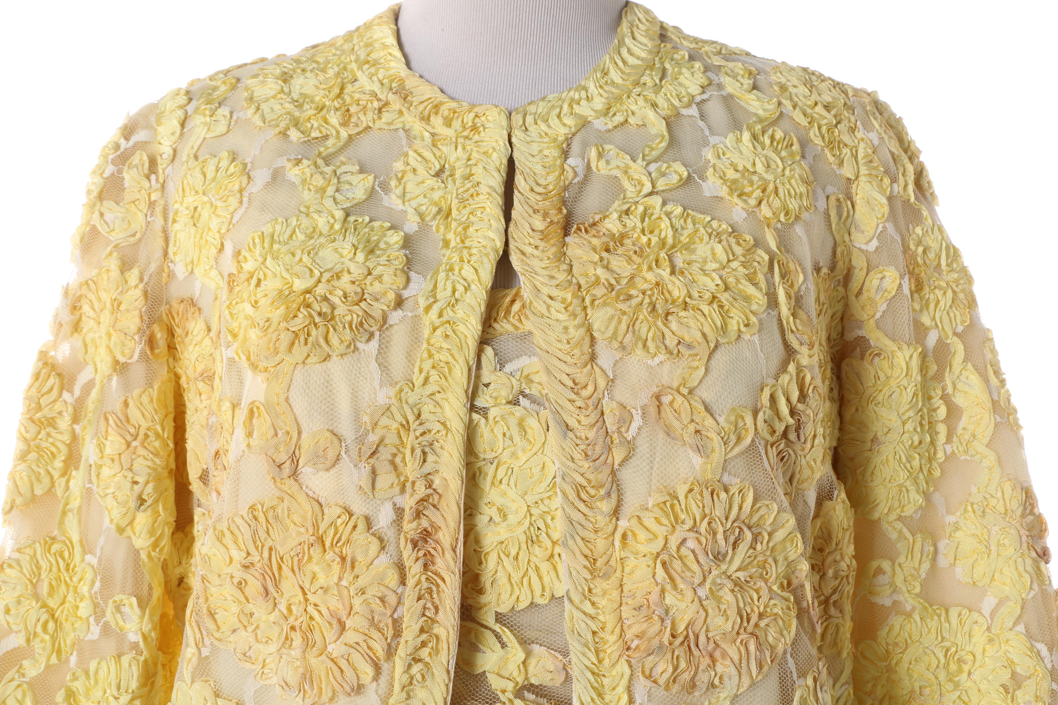 1950s House of Jules Yellow Silk and Ribbon Work Skirt Suit with Mink Fur Trim
