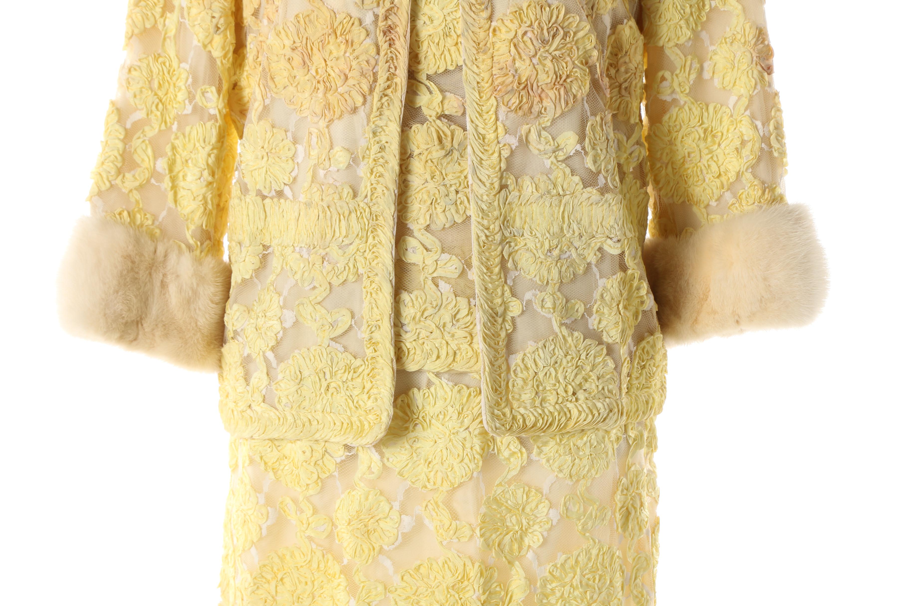 1950s House of Jules Yellow Silk and Ribbon Work Skirt Suit with Mink Fur Trim