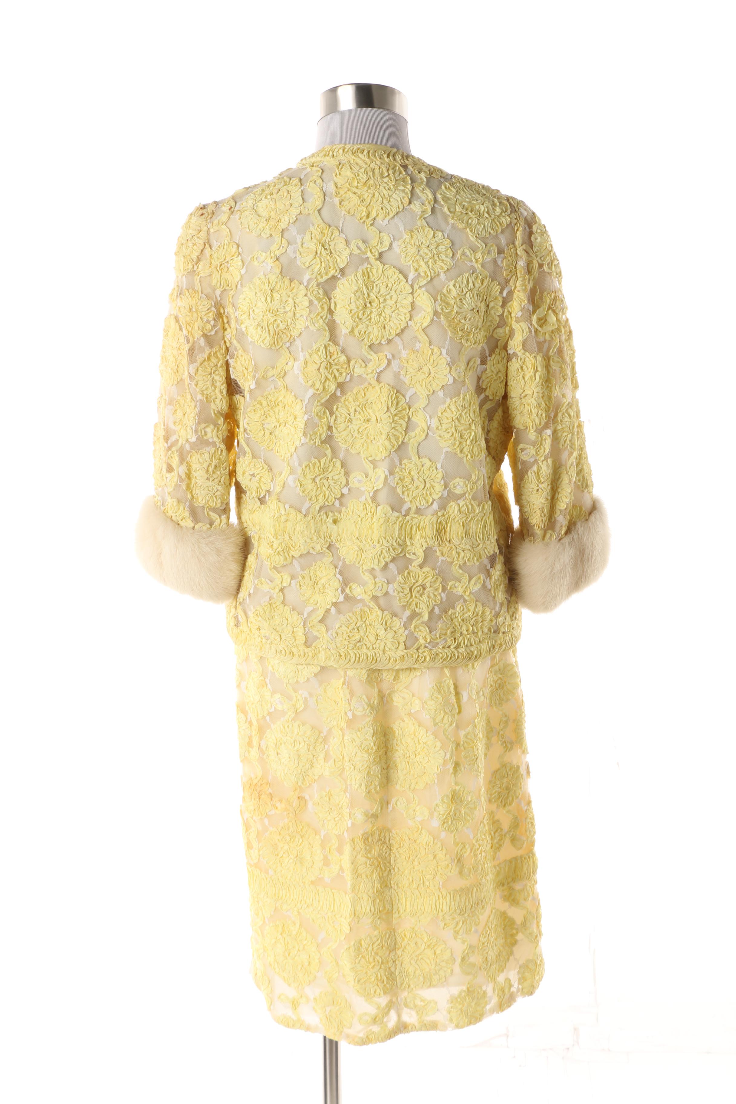 1950s House of Jules Yellow Silk and Ribbon Work Skirt Suit with Mink Fur Trim