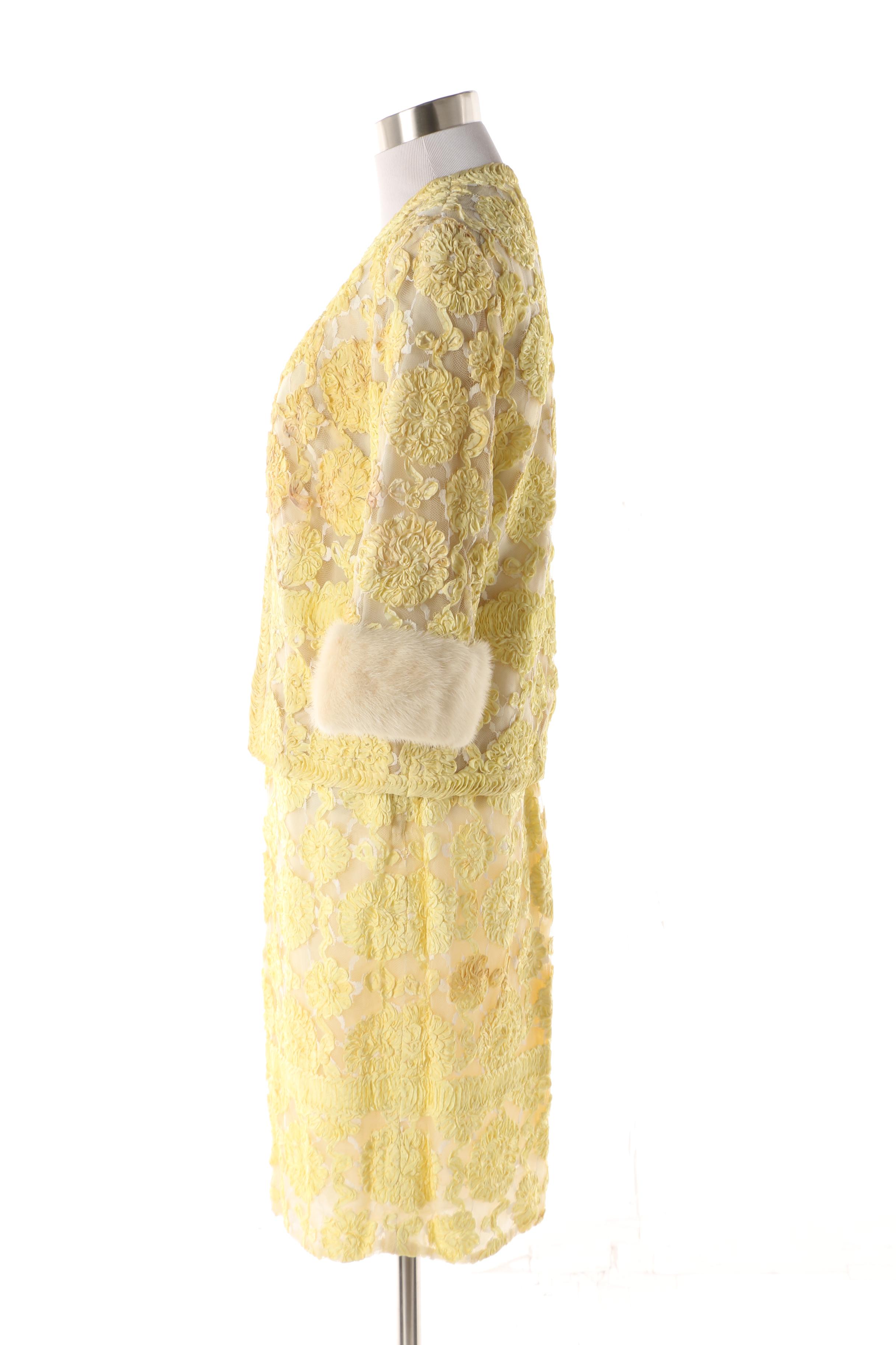 1950s House of Jules Yellow Silk and Ribbon Work Skirt Suit with Mink Fur Trim