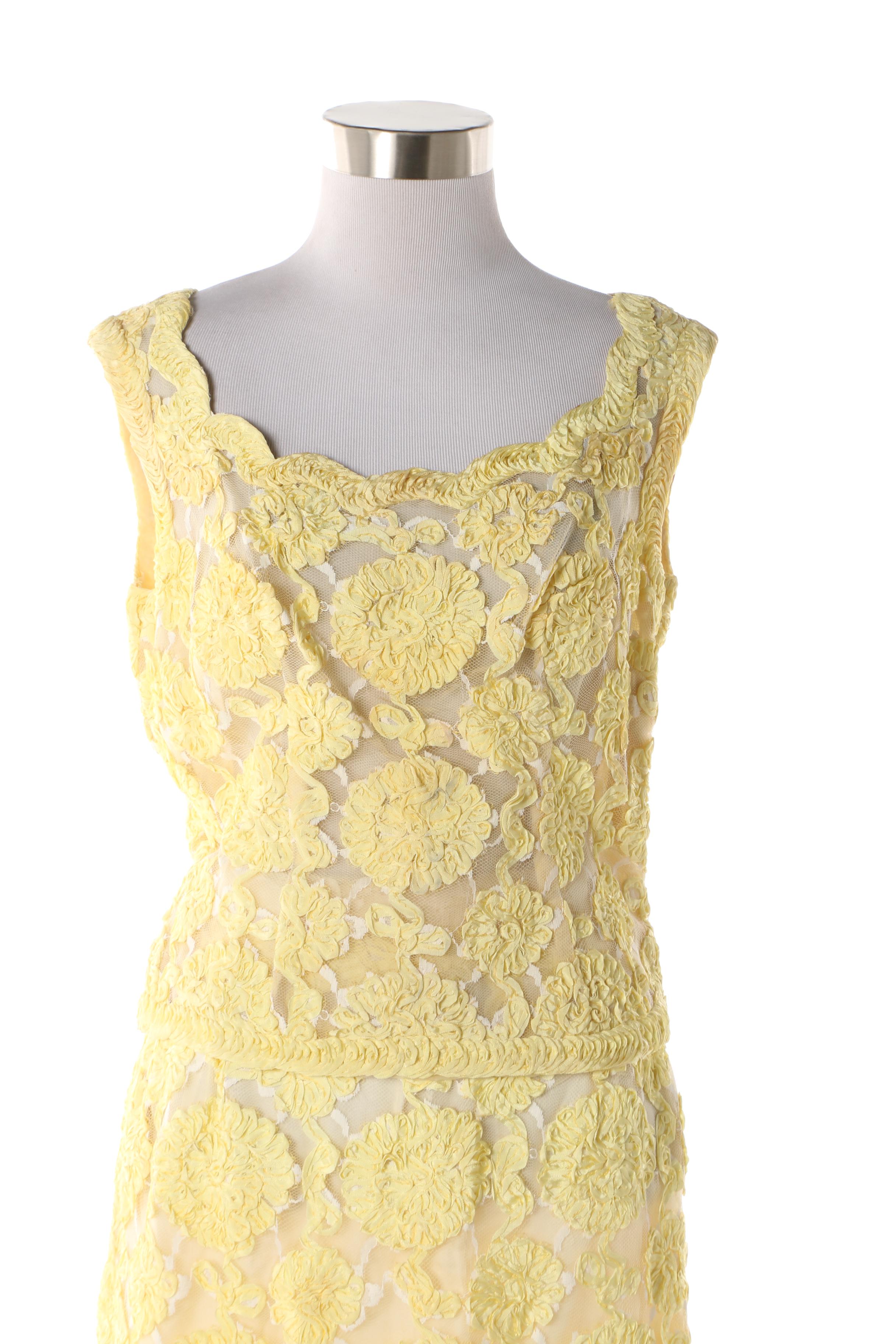 1950s House of Jules Yellow Silk and Ribbon Work Skirt Suit with Mink Fur Trim