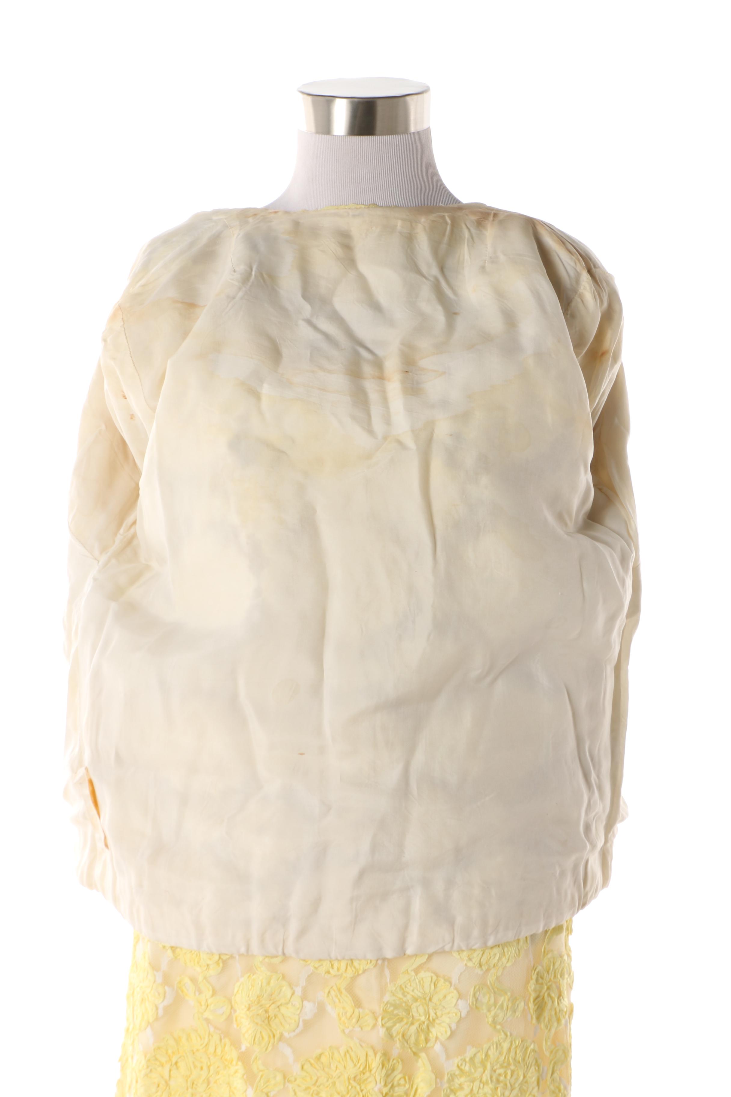 1950s House of Jules Yellow Silk and Ribbon Work Skirt Suit with Mink Fur Trim