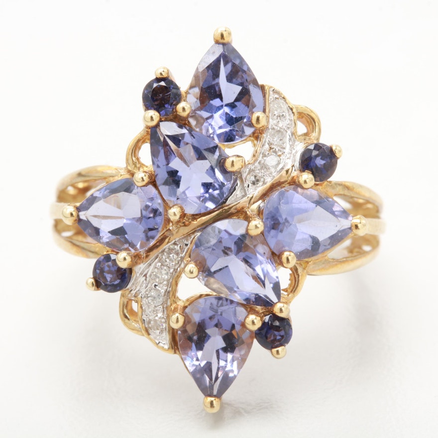 10K Yellow Gold Iolite and Diamond Ring