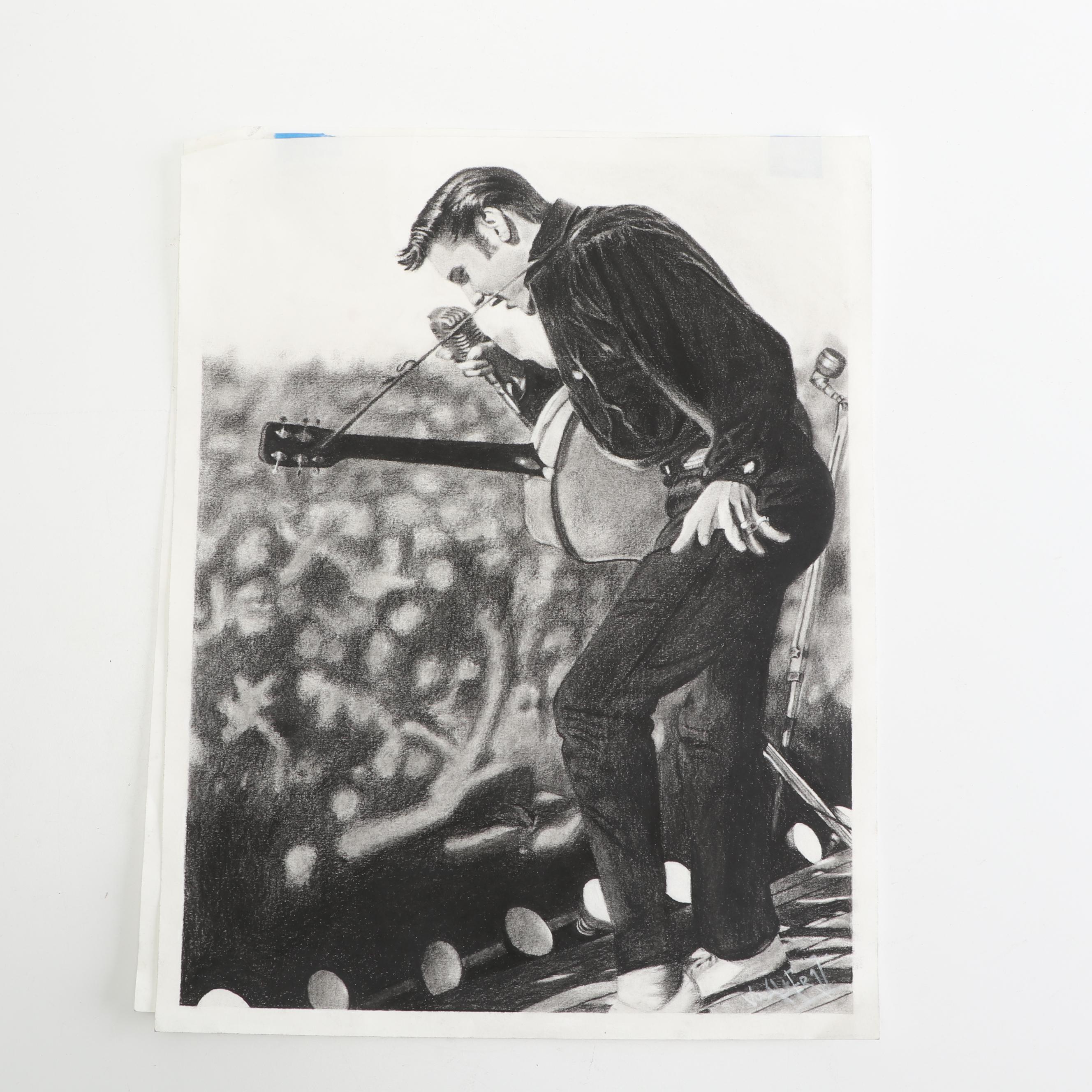 Vernon Walker Johnny Cash and Elvis Charcoal Drawings