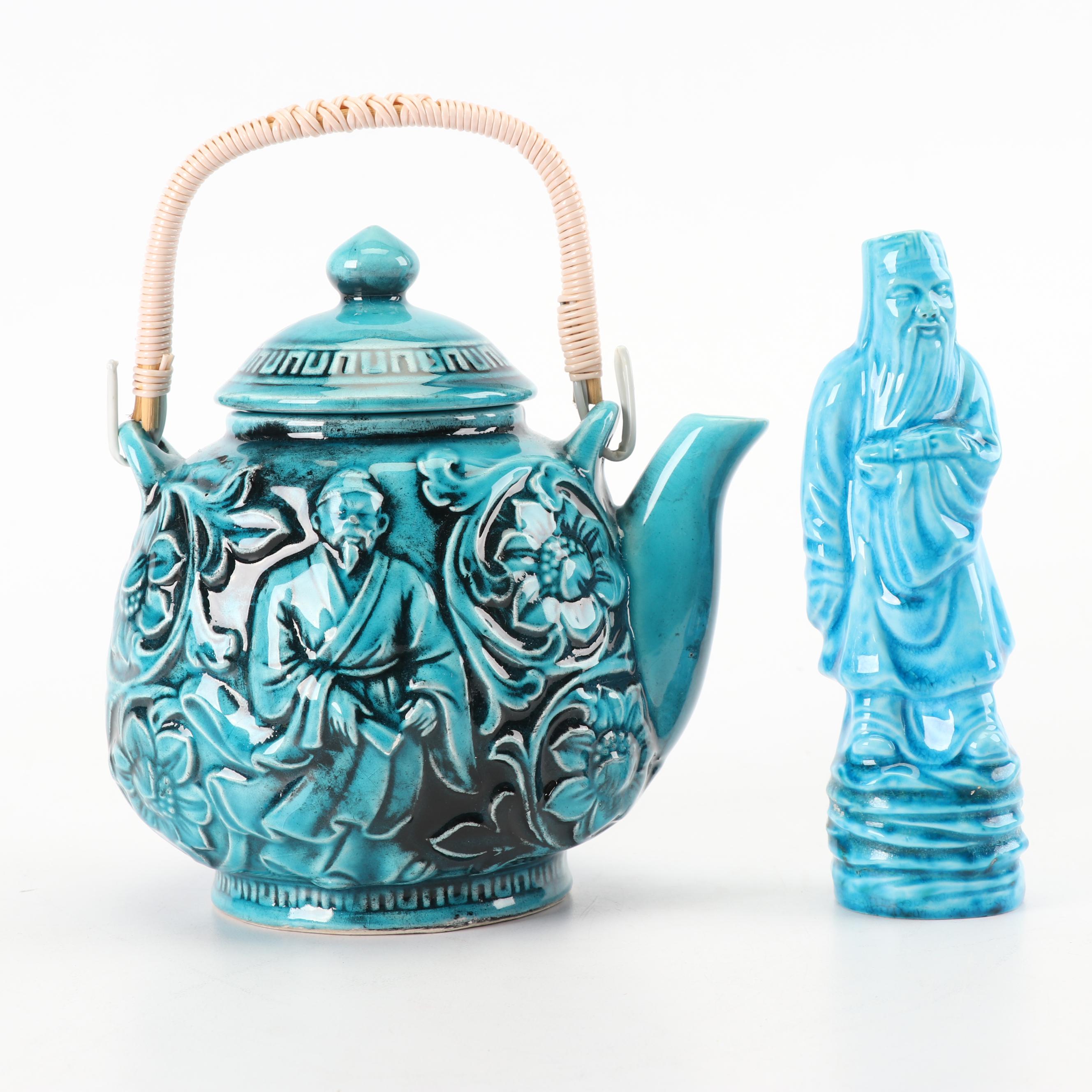Vintage Japanese Turquoise Teapot with Immortal Statuette