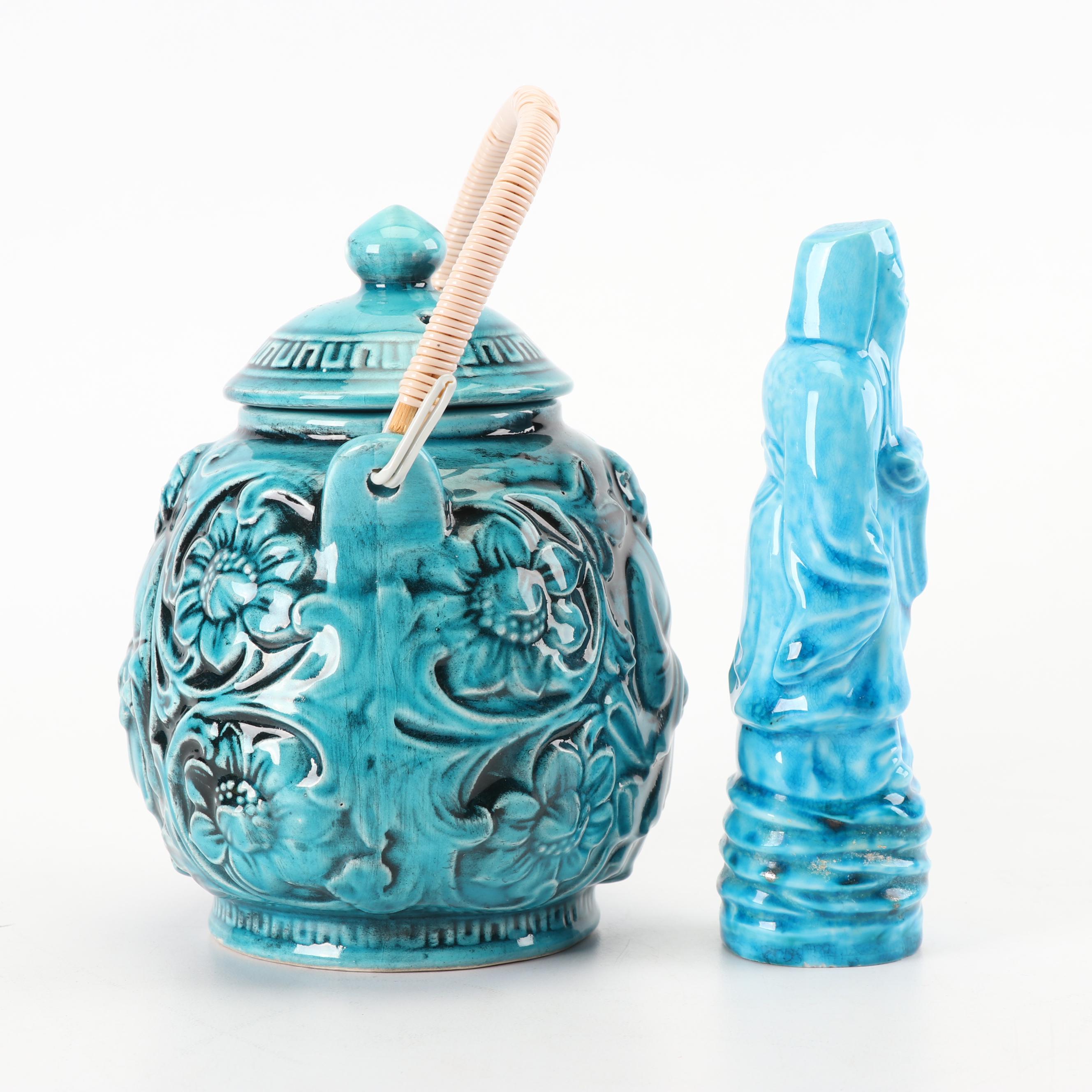 Vintage Japanese Turquoise Teapot with Immortal Statuette