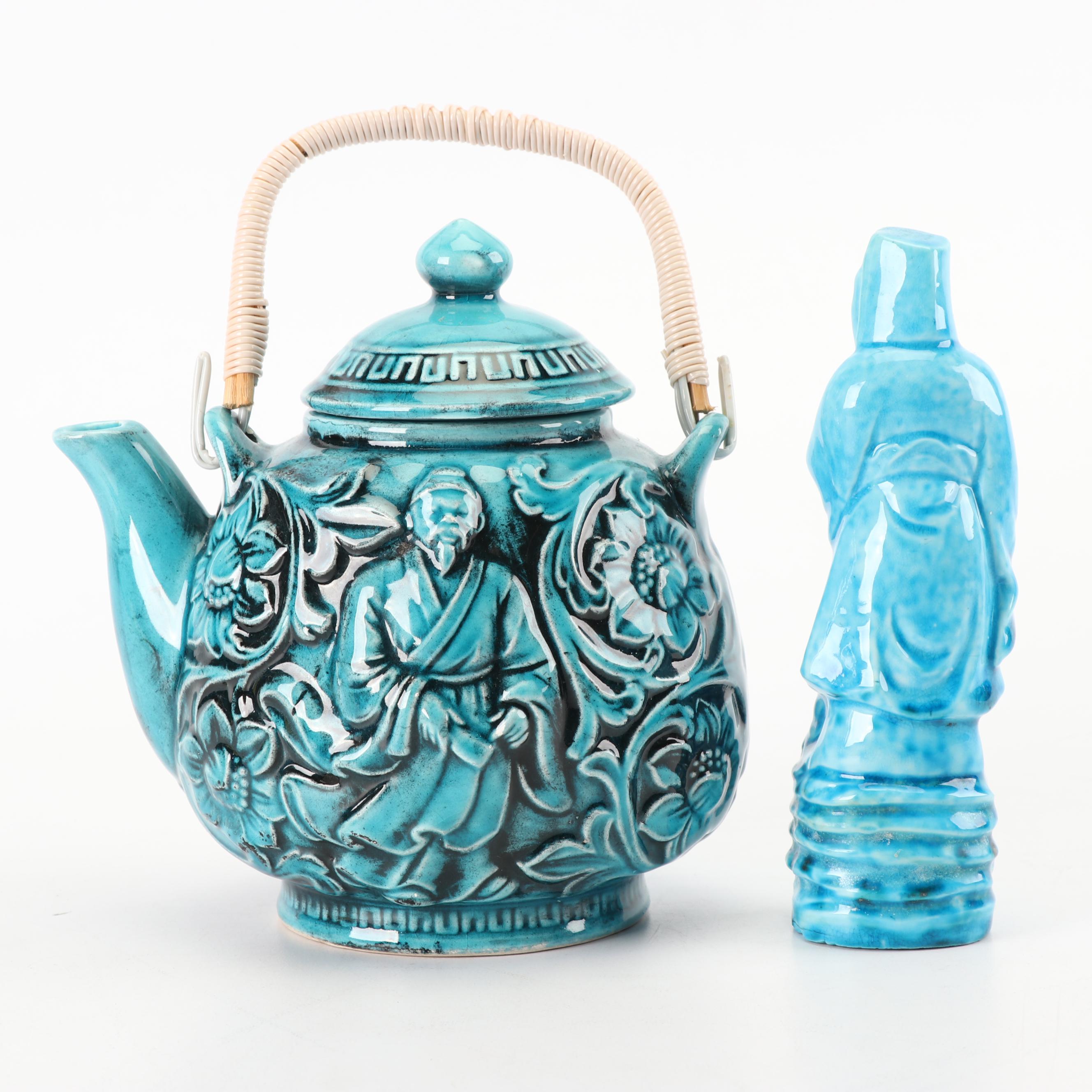 Vintage Japanese Turquoise Teapot with Immortal Statuette