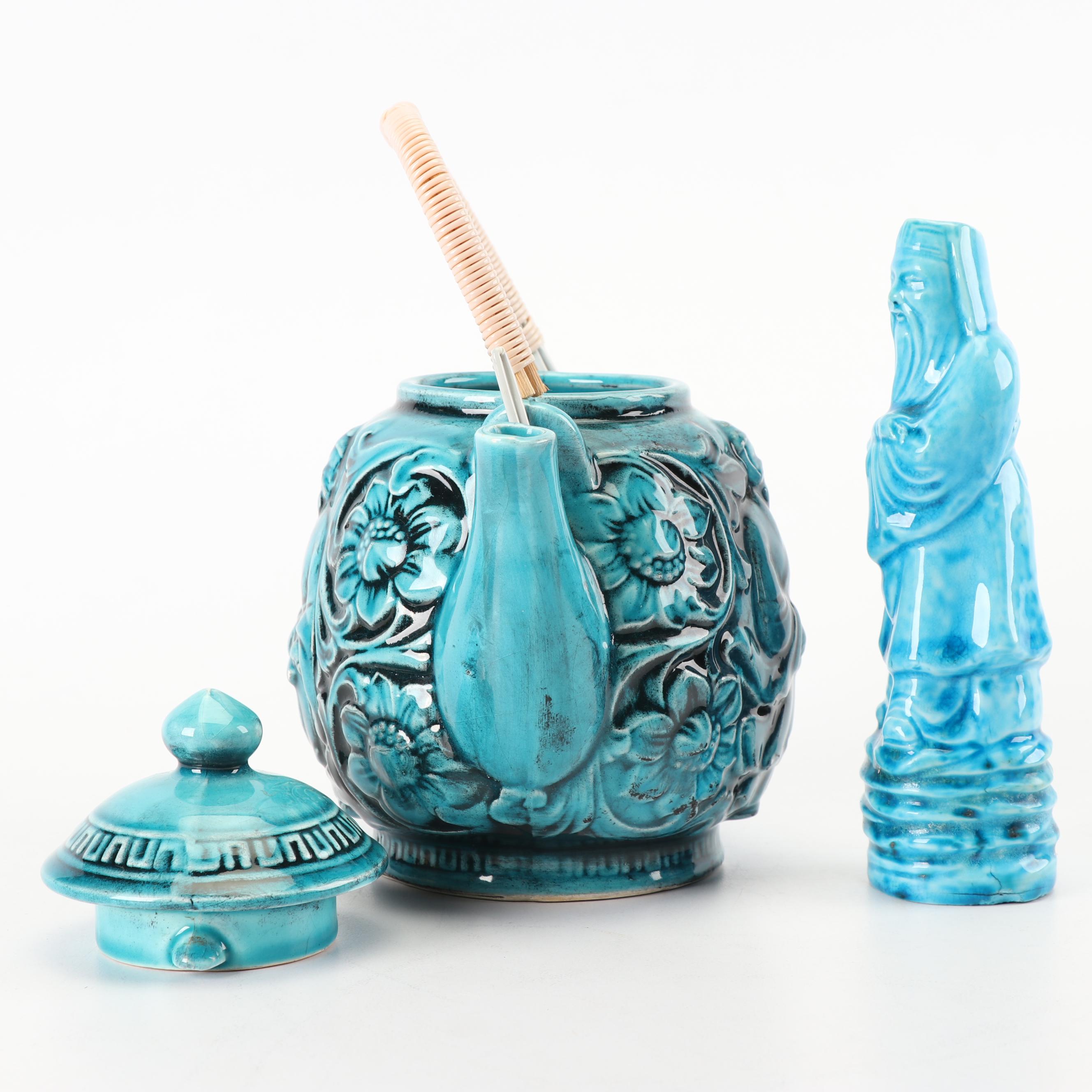 Vintage Japanese Turquoise Teapot with Immortal Statuette