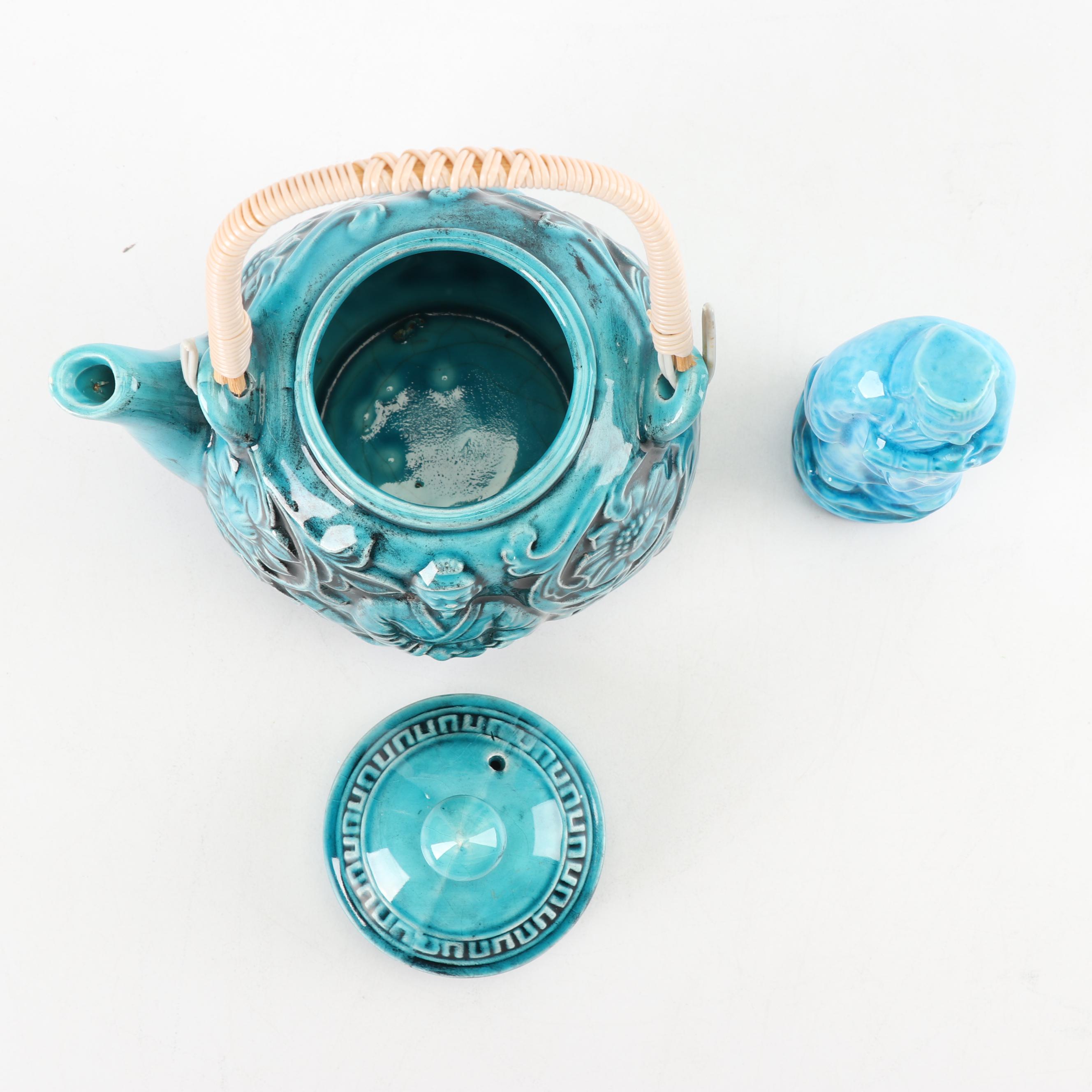 Vintage Japanese Turquoise Teapot with Immortal Statuette