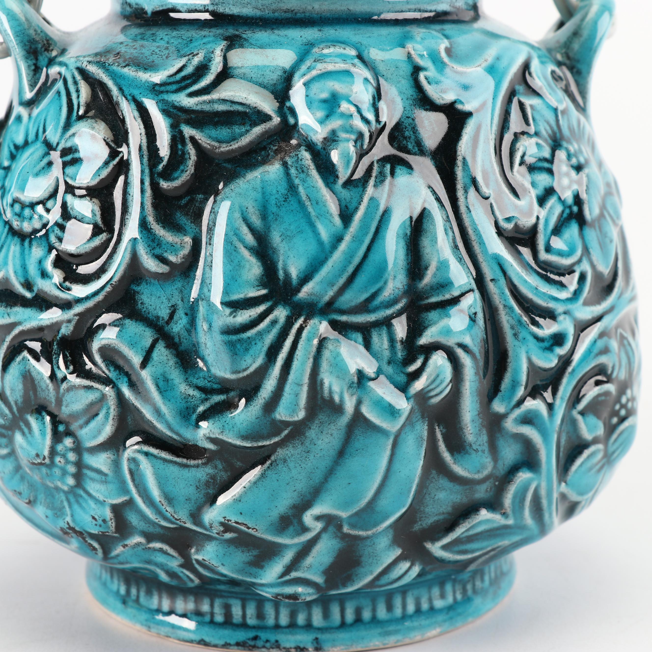 Vintage Japanese Turquoise Teapot with Immortal Statuette