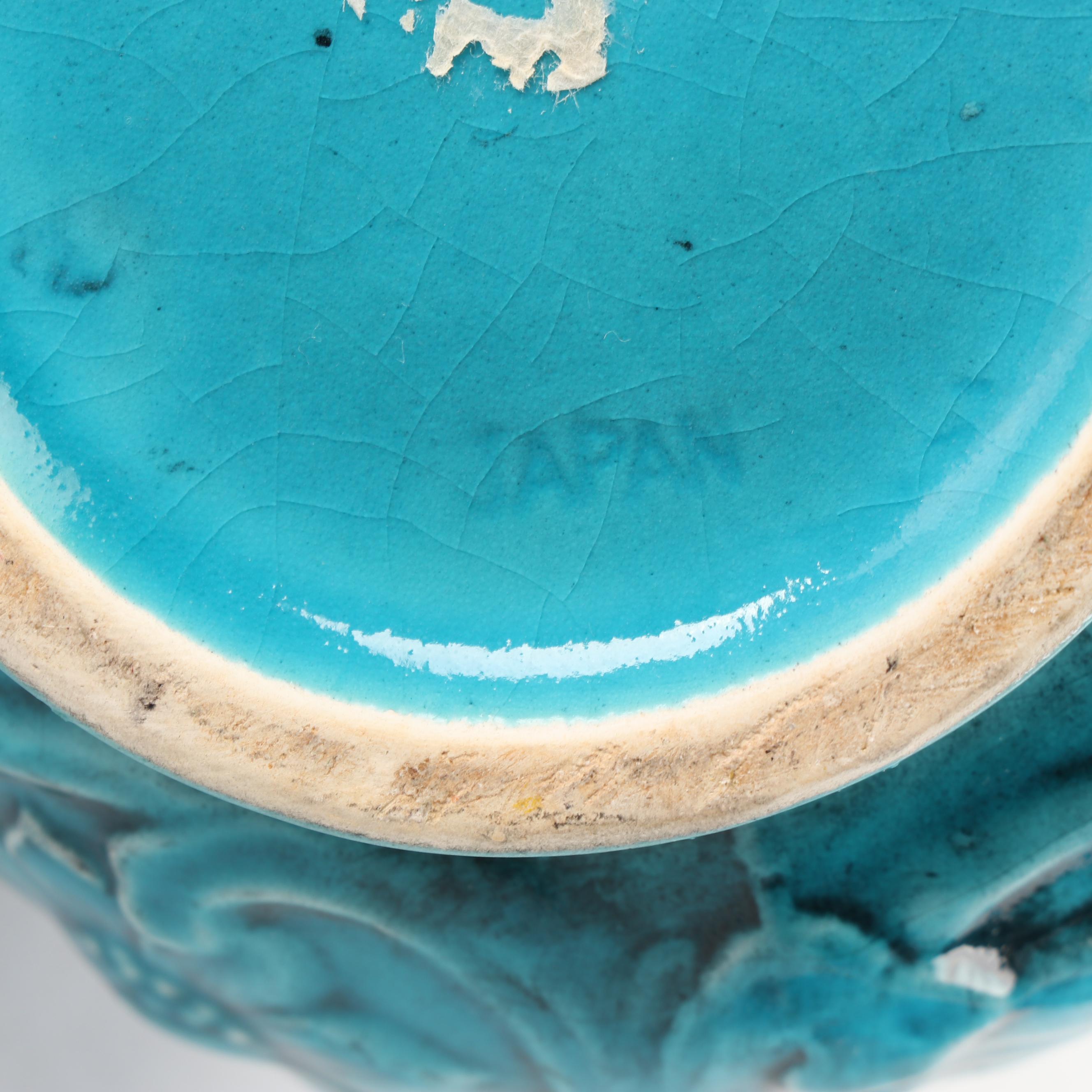 Vintage Japanese Turquoise Teapot with Immortal Statuette