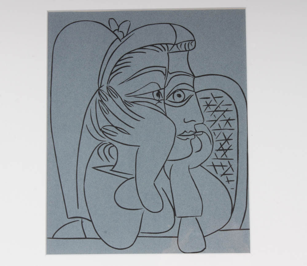 Pablo Picasso 1962 Color Linoleum Cut "Female Head with Supporting Hands"