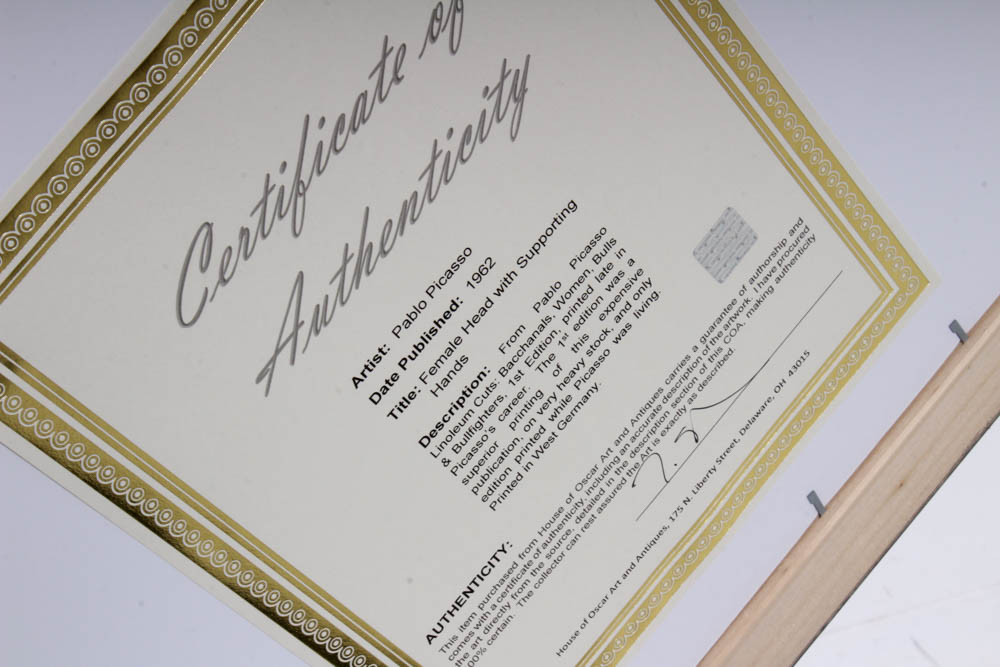 Pablo Picasso 1962 Color Linoleum Cut "Female Head with Supporting Hands"