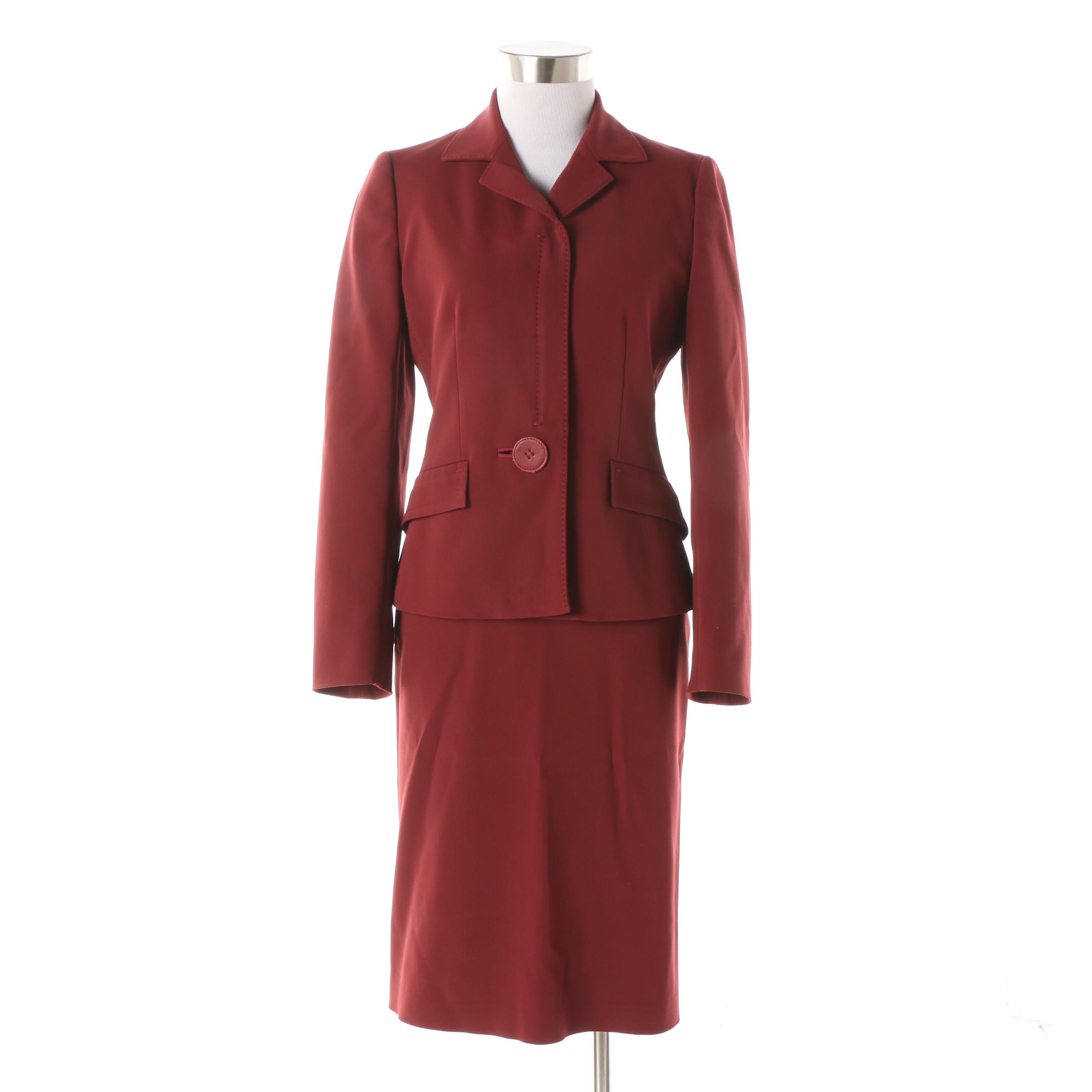 Prada Burgundy Skirt Suit with Leather Button Detail