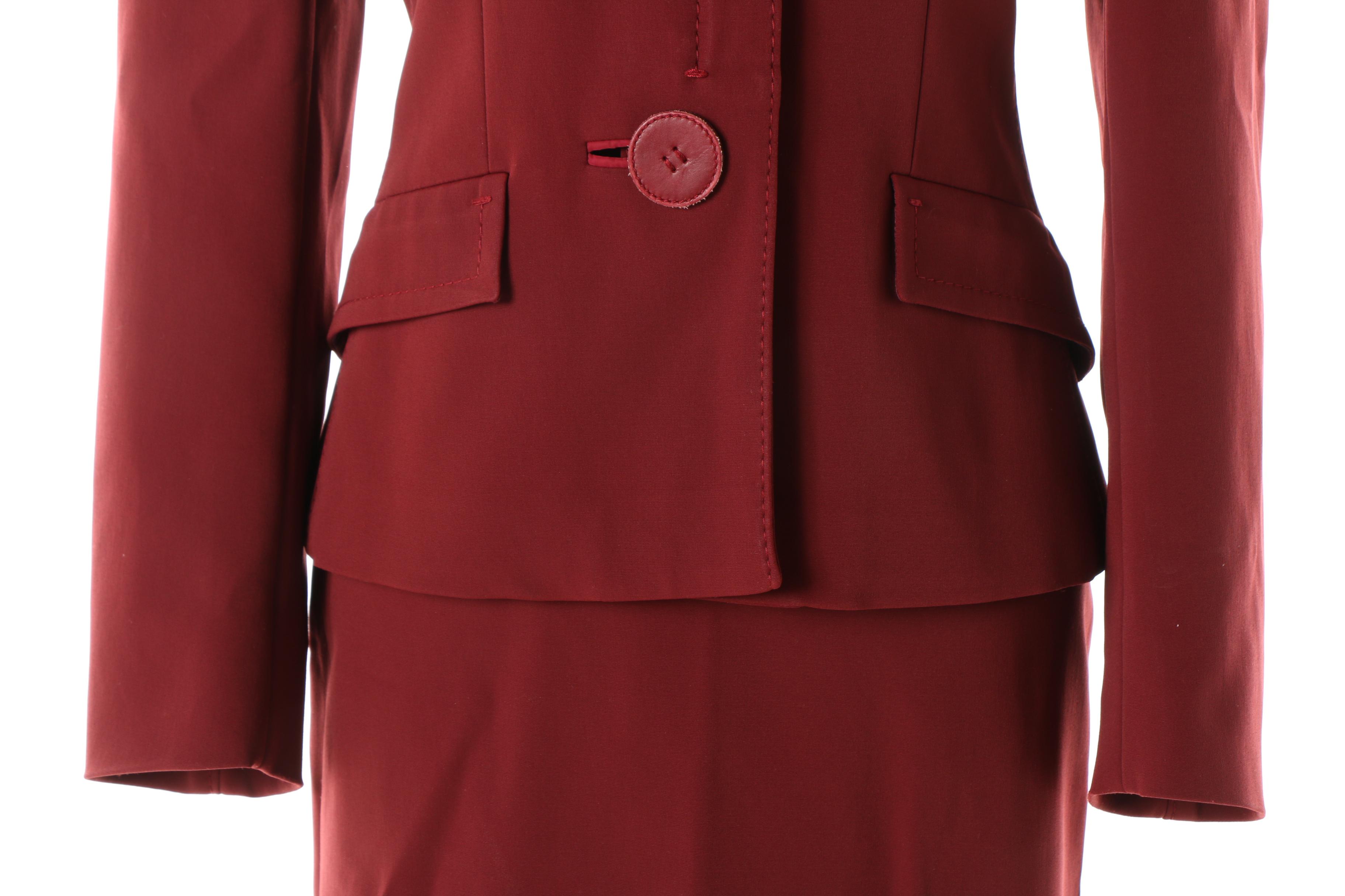 Prada Burgundy Skirt Suit with Leather Button Detail