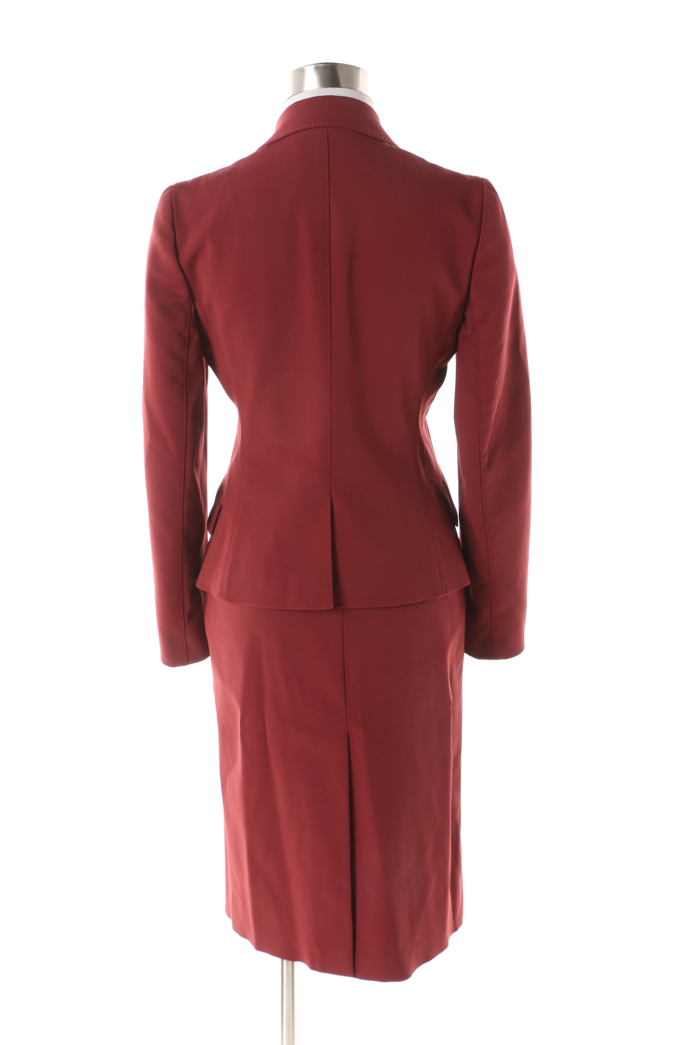 Prada Burgundy Skirt Suit with Leather Button Detail