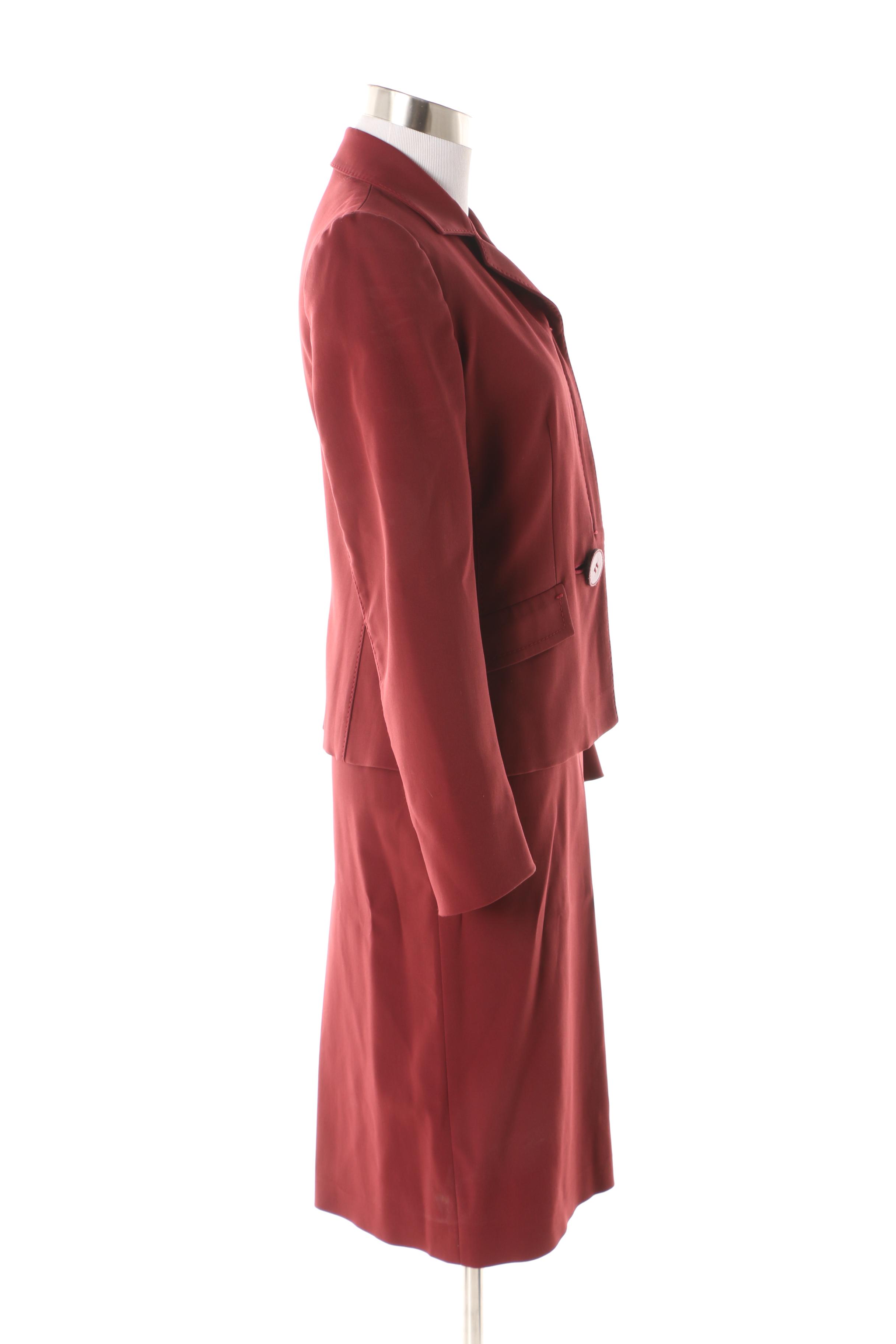 Prada Burgundy Skirt Suit with Leather Button Detail