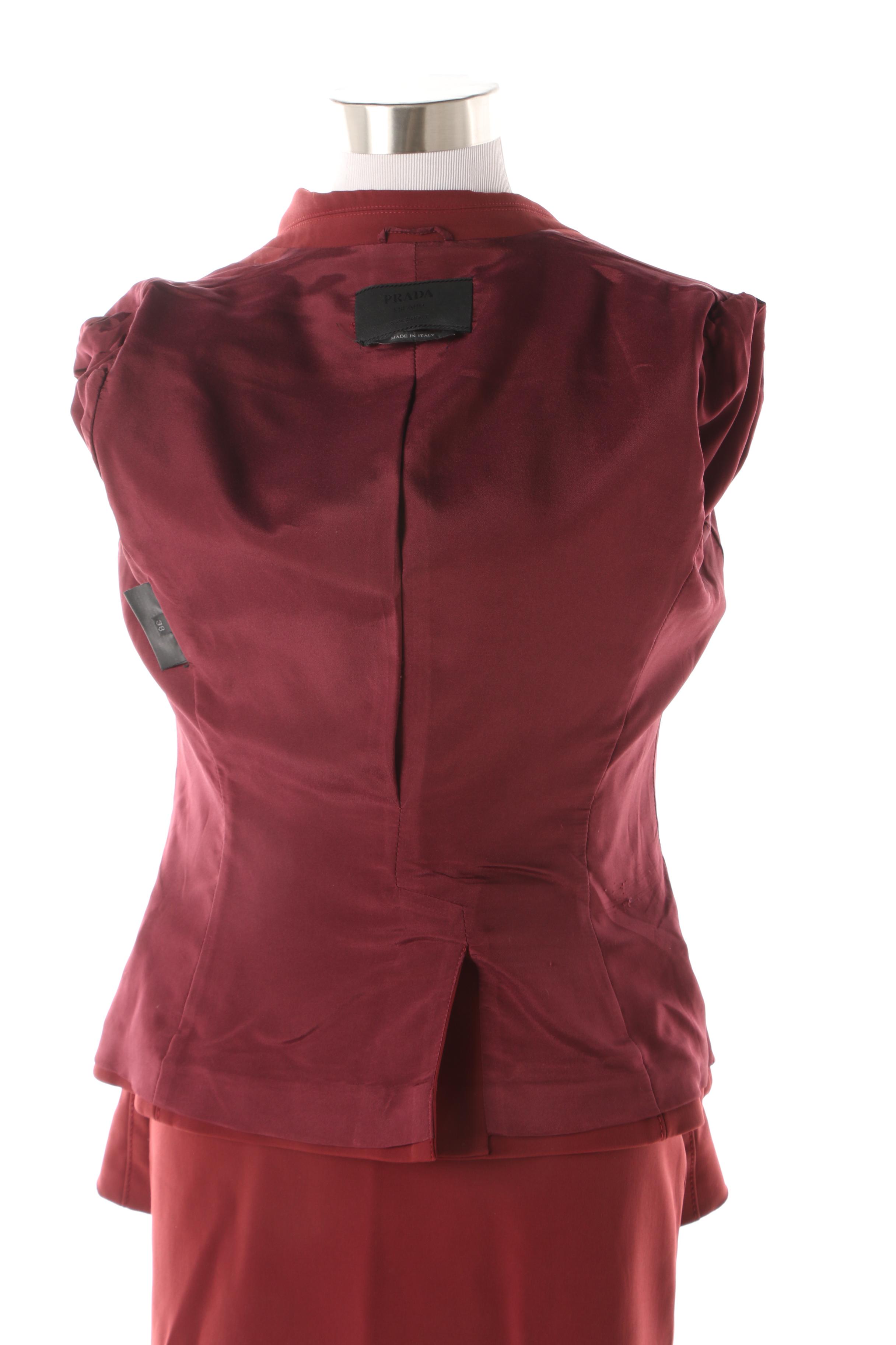 Prada Burgundy Skirt Suit with Leather Button Detail