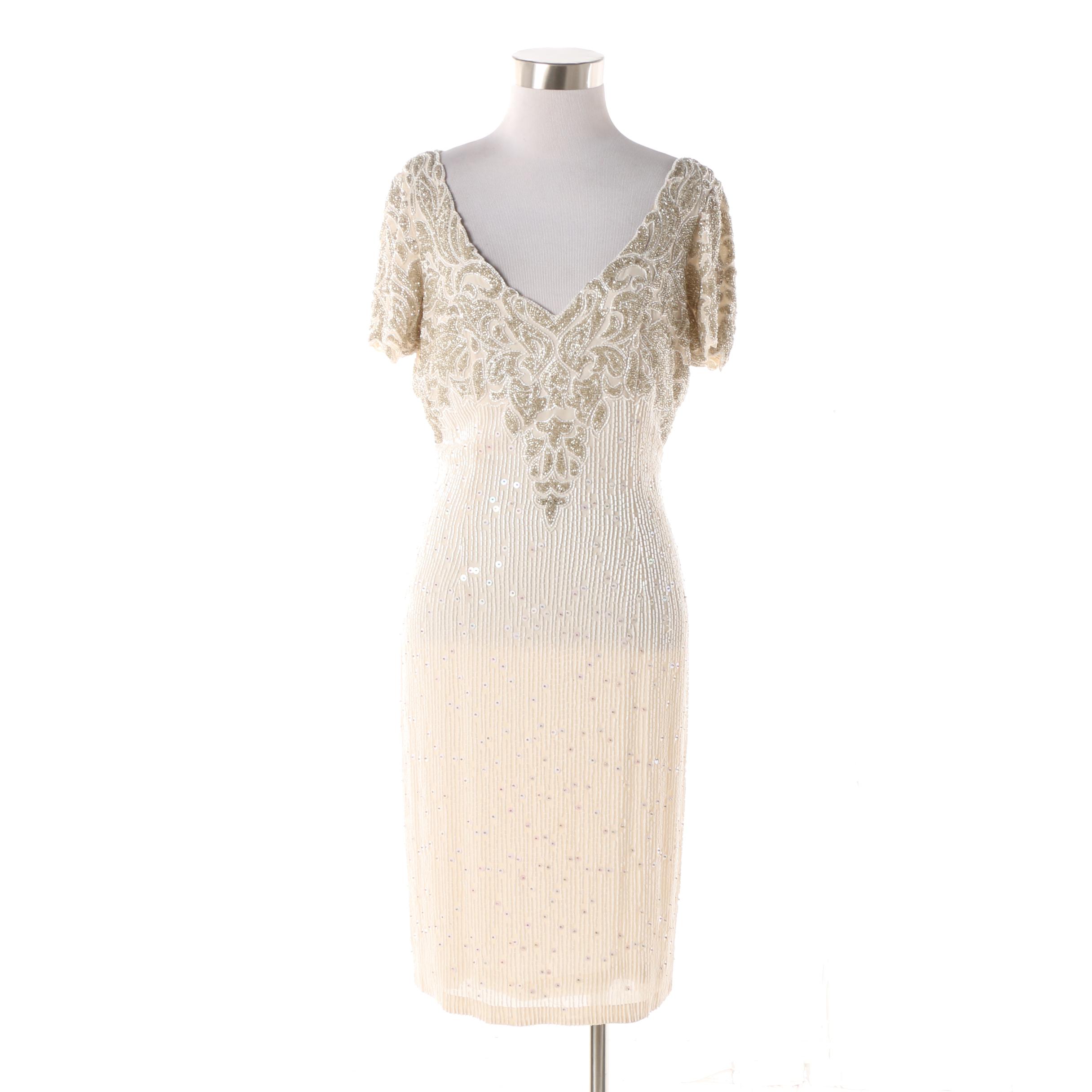 1980s Vintage Naeem Khan Riazee Nights Hand Beaded Cream Silk Evening Dress