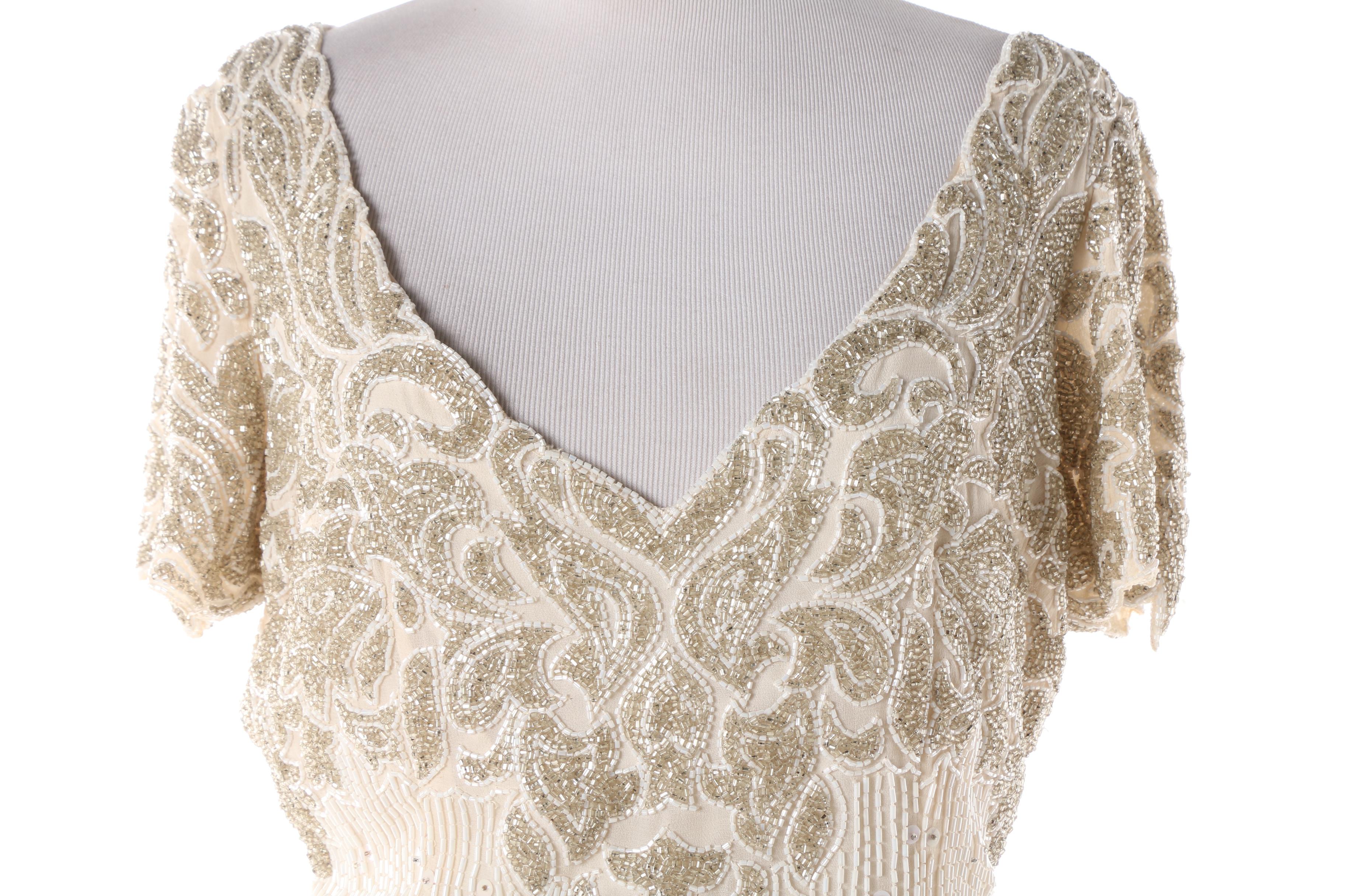 1980s Vintage Naeem Khan Riazee Nights Hand Beaded Cream Silk Evening Dress