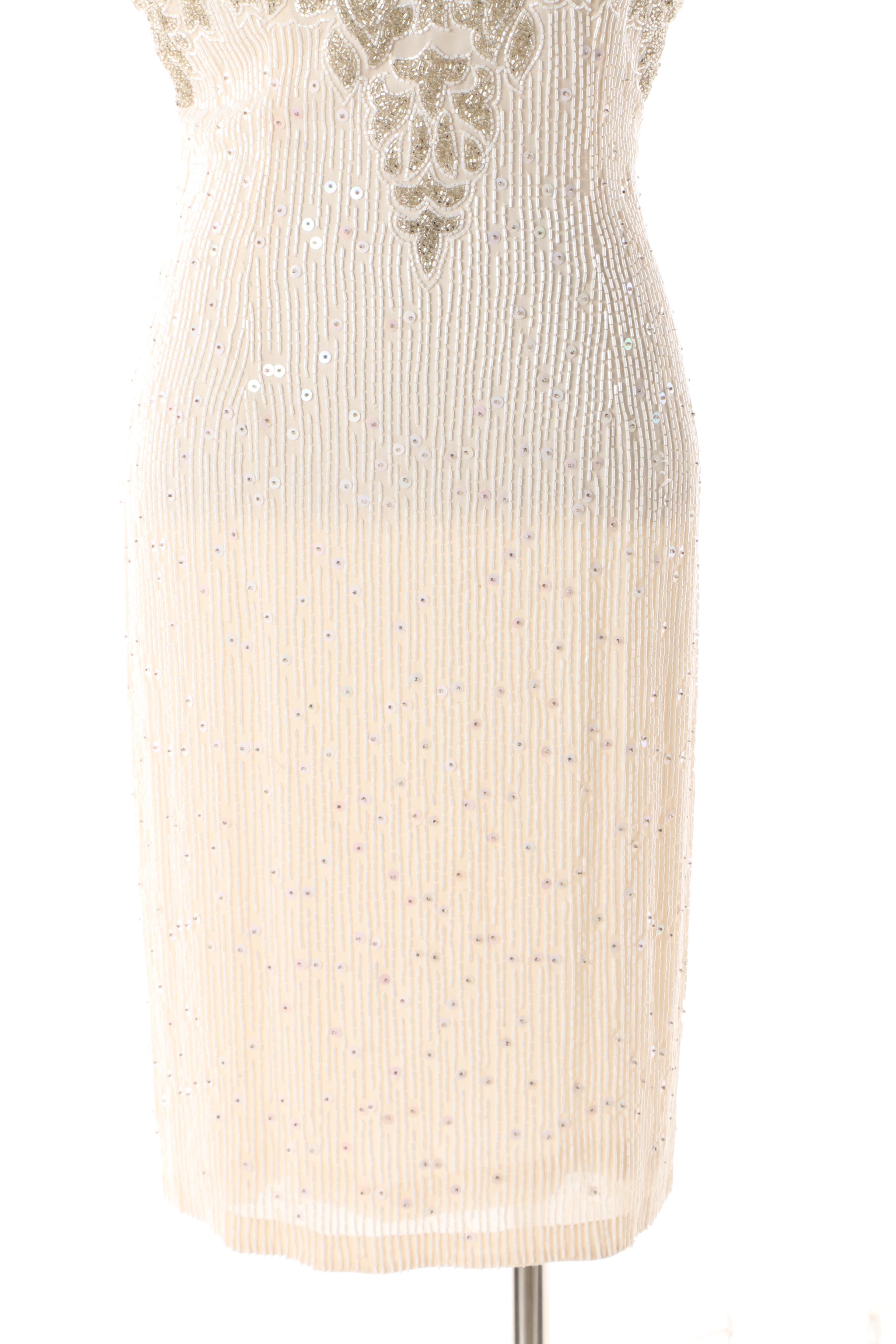 1980s Vintage Naeem Khan Riazee Nights Hand Beaded Cream Silk Evening Dress