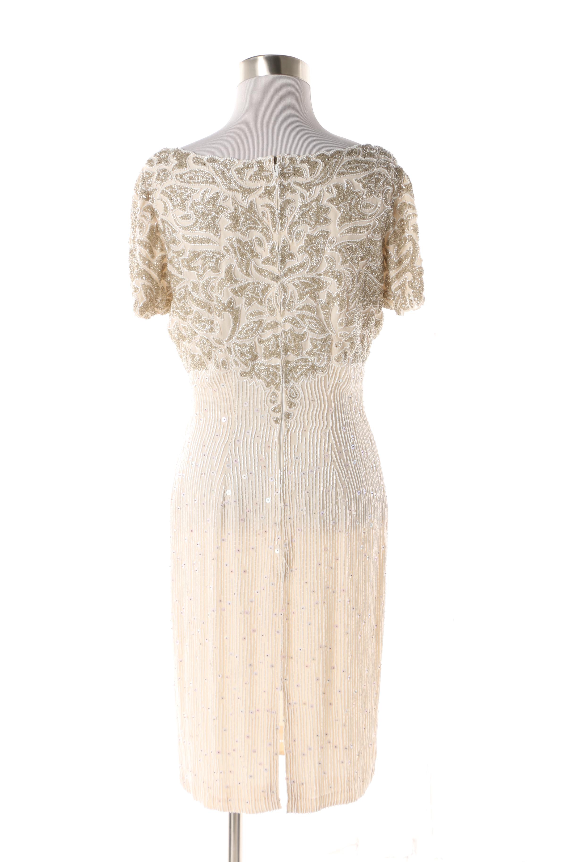 1980s Vintage Naeem Khan Riazee Nights Hand Beaded Cream Silk Evening Dress