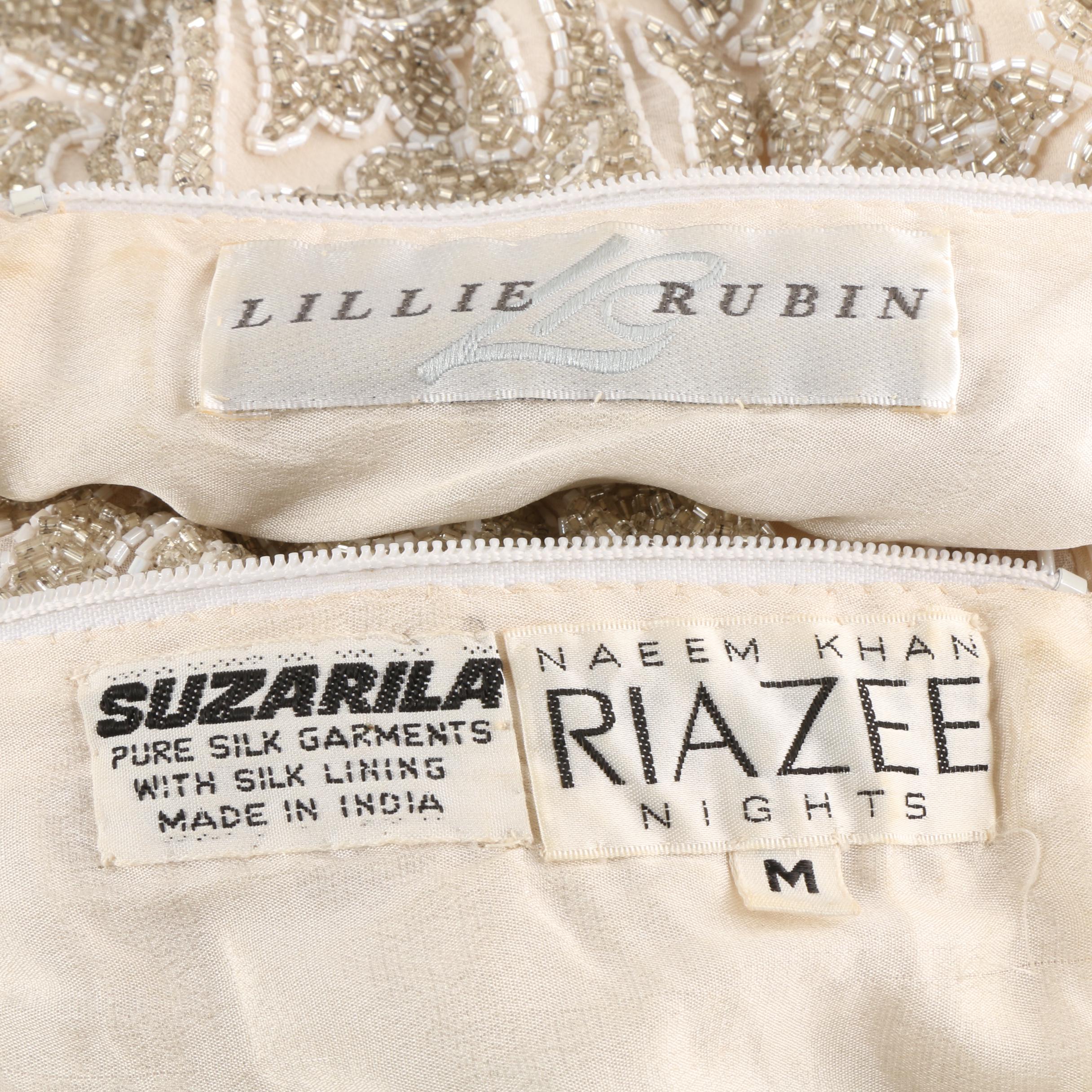 1980s Vintage Naeem Khan Riazee Nights Hand Beaded Cream Silk Evening Dress