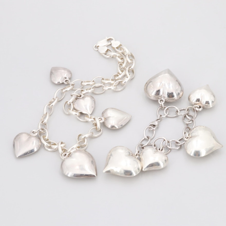 Sterling Silver Puff Heart Charm Bracelet and Necklace