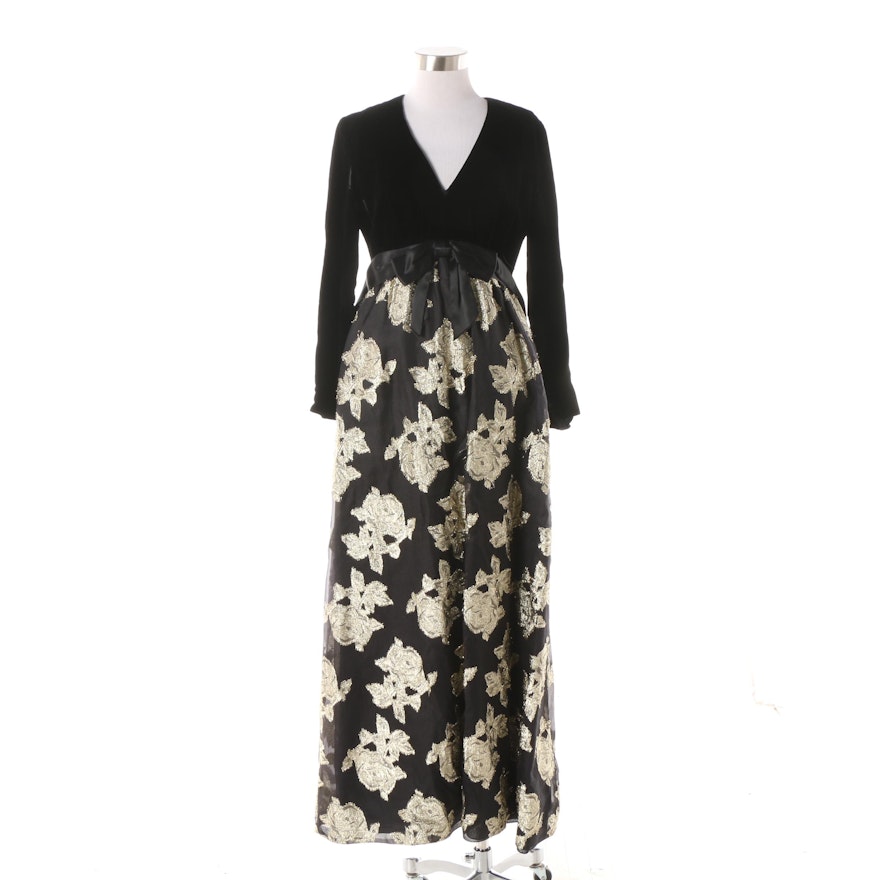 1960s Vintage Black Velvet Metallic Gold Rosette Maxi Evening Dress