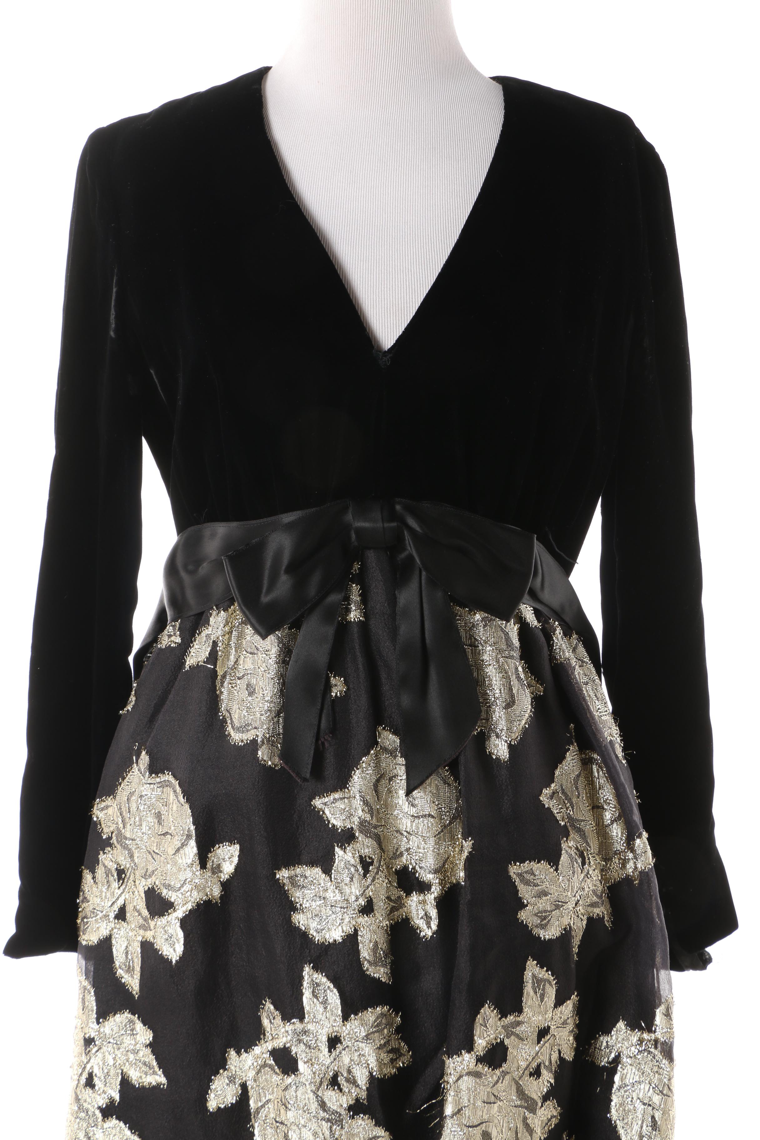 1960s Vintage Black Velvet Metallic Gold Rosette Maxi Evening Dress