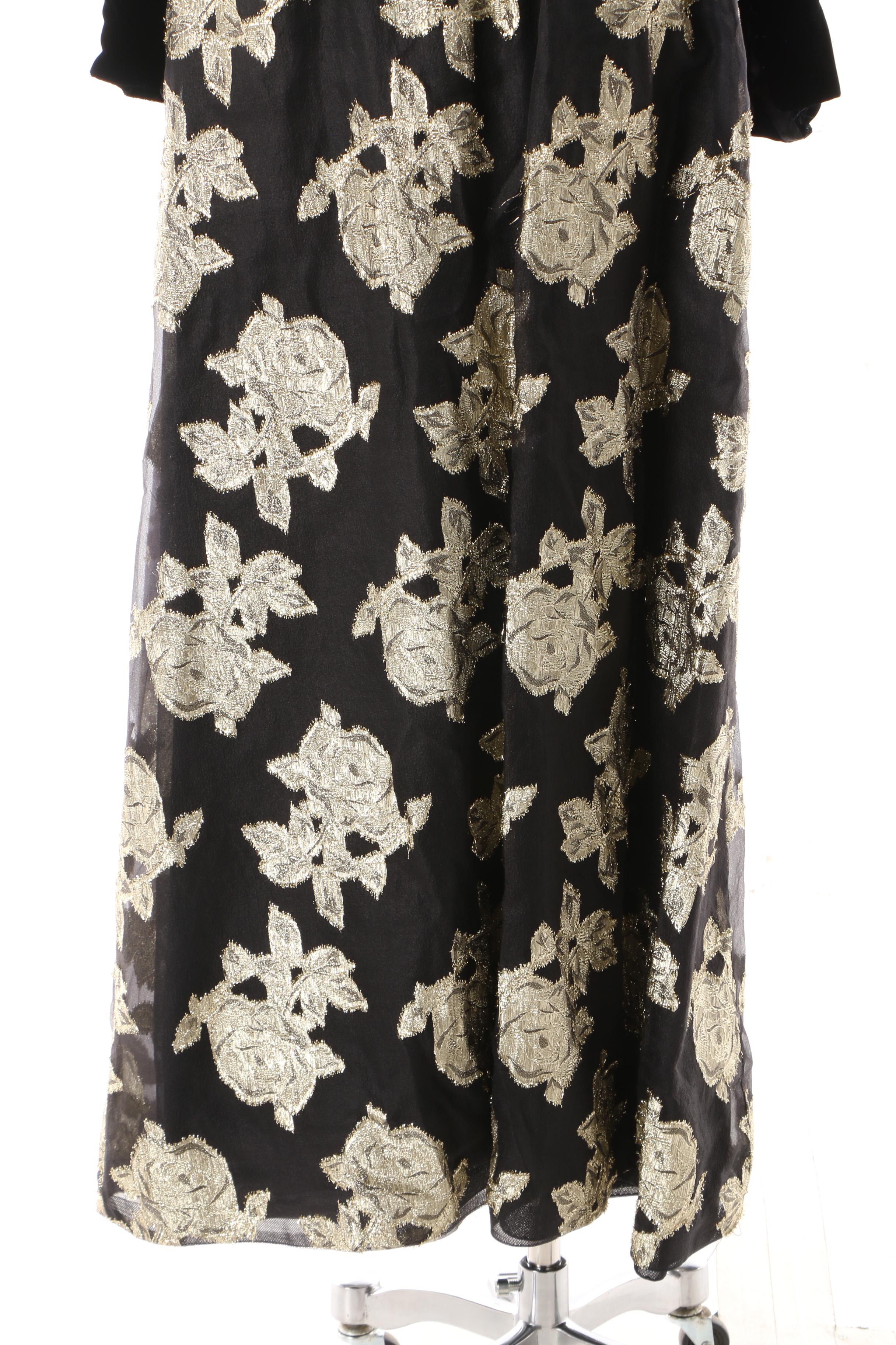 1960s Vintage Black Velvet Metallic Gold Rosette Maxi Evening Dress