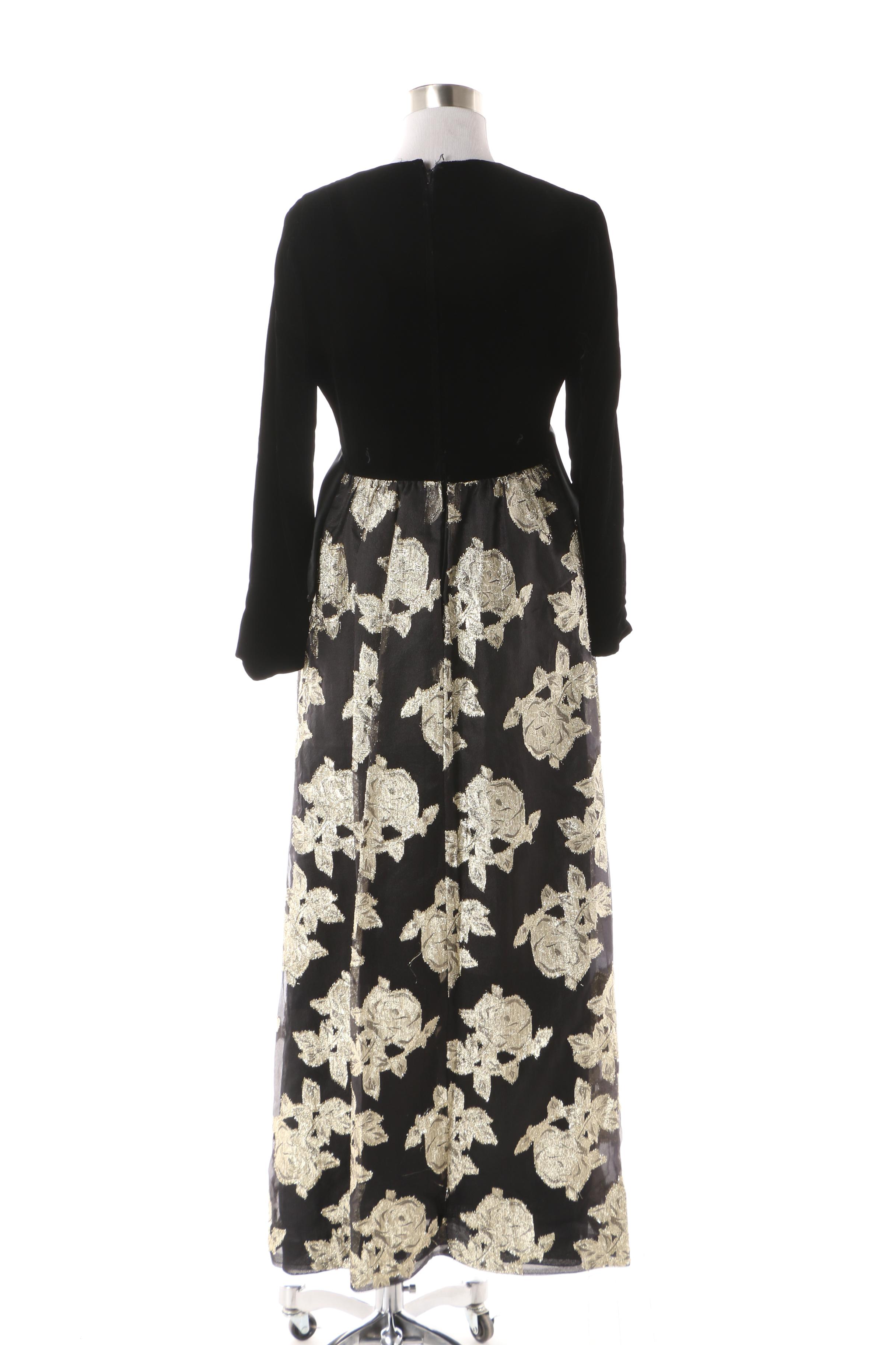 1960s Vintage Black Velvet Metallic Gold Rosette Maxi Evening Dress