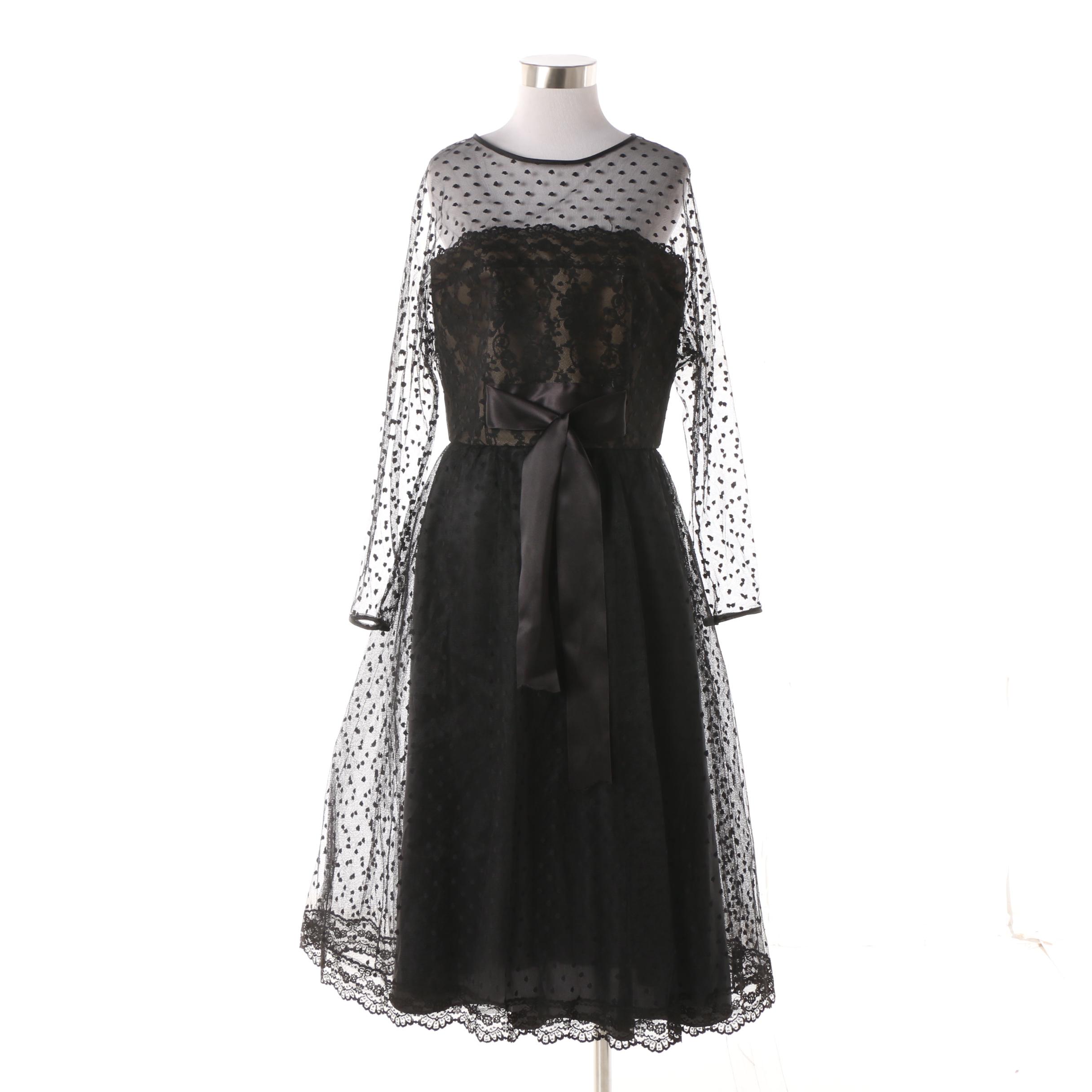 1950s Vintage Victor Costa Black Flocked Lace Cocktail Dress
