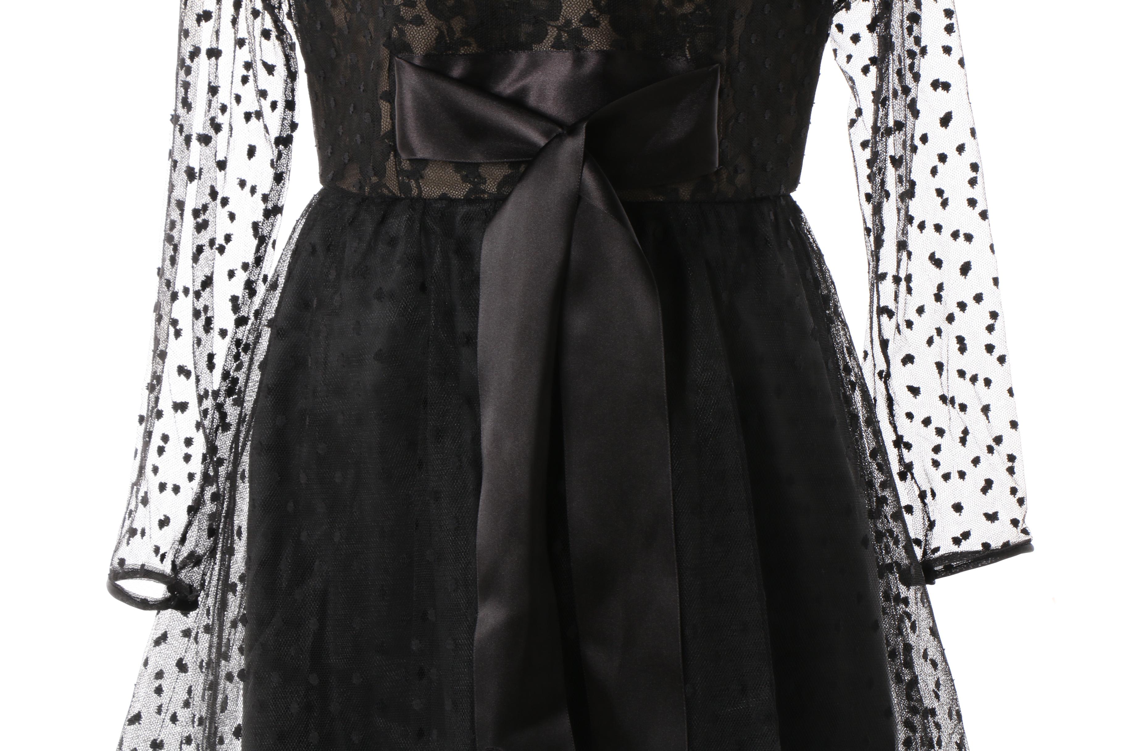 1950s Vintage Victor Costa Black Flocked Lace Cocktail Dress