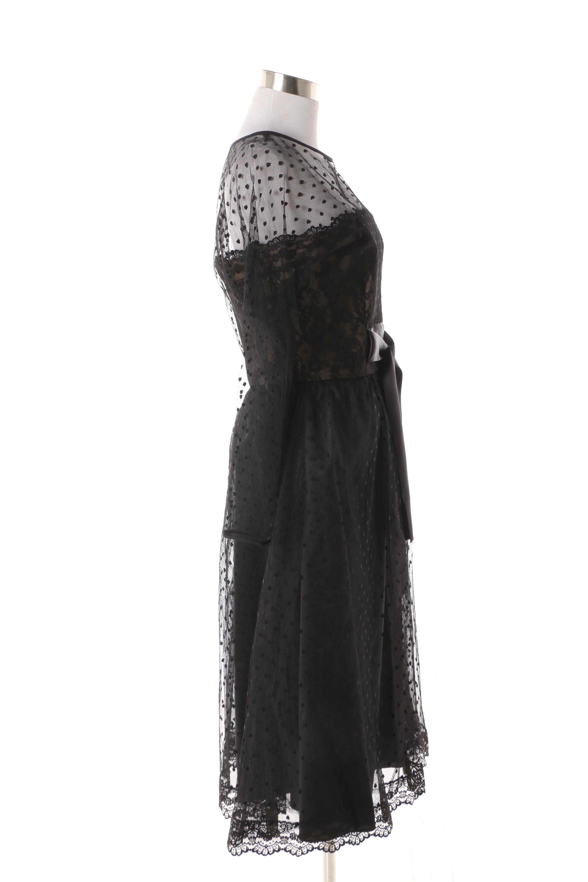 1950s Vintage Victor Costa Black Flocked Lace Cocktail Dress