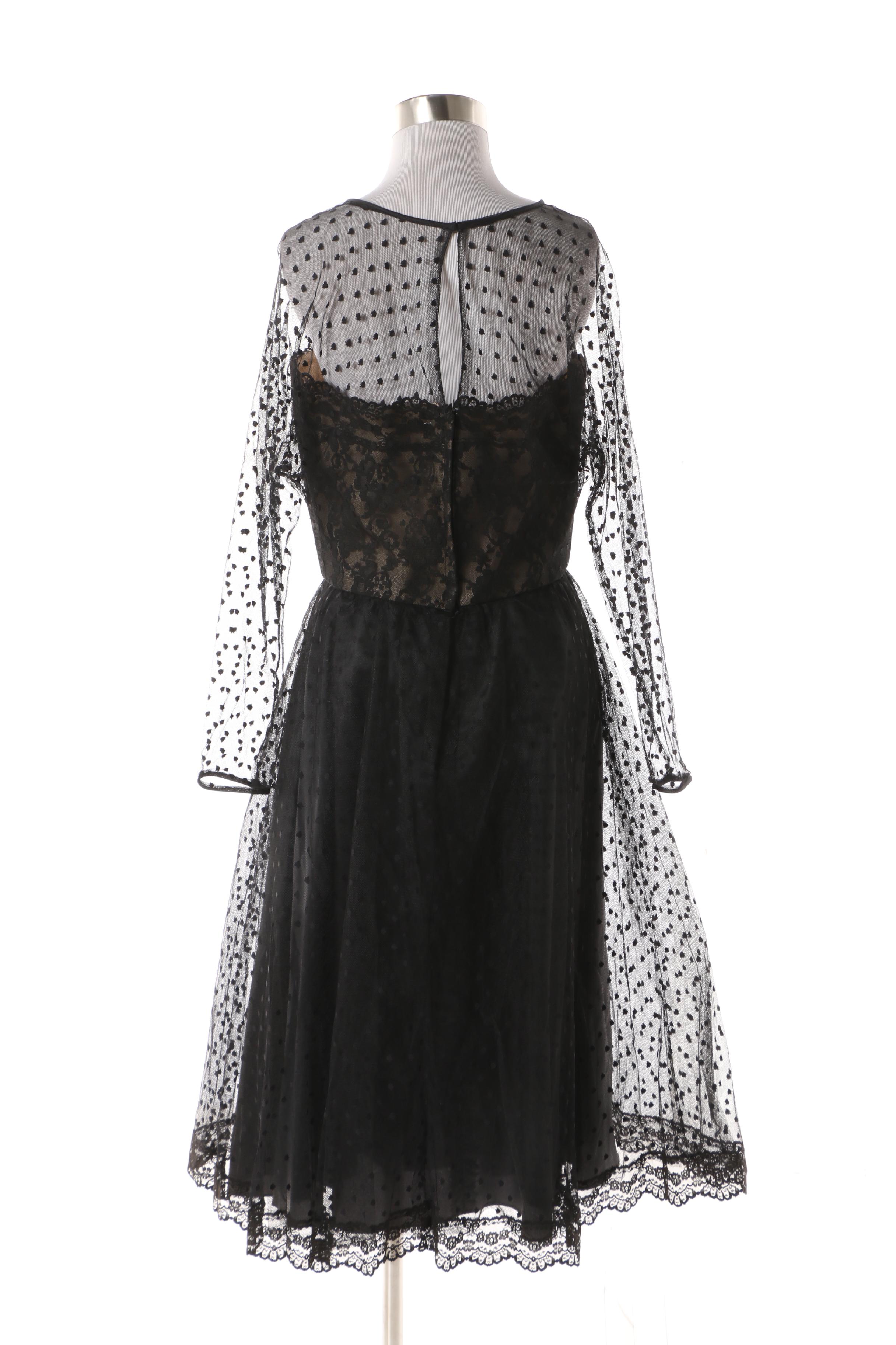 1950s Vintage Victor Costa Black Flocked Lace Cocktail Dress