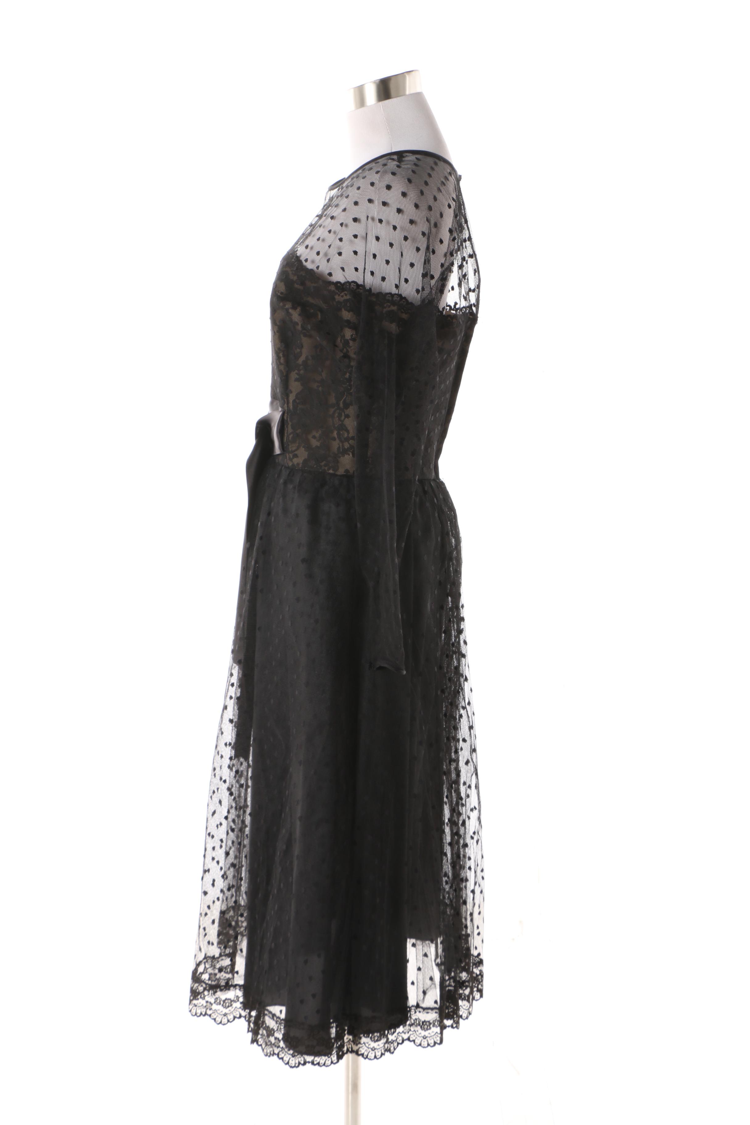 1950s Vintage Victor Costa Black Flocked Lace Cocktail Dress