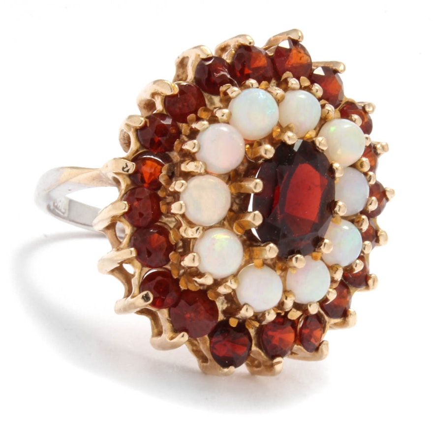 14K White and Yellow Gold Garnet and Opal Cluster Ring