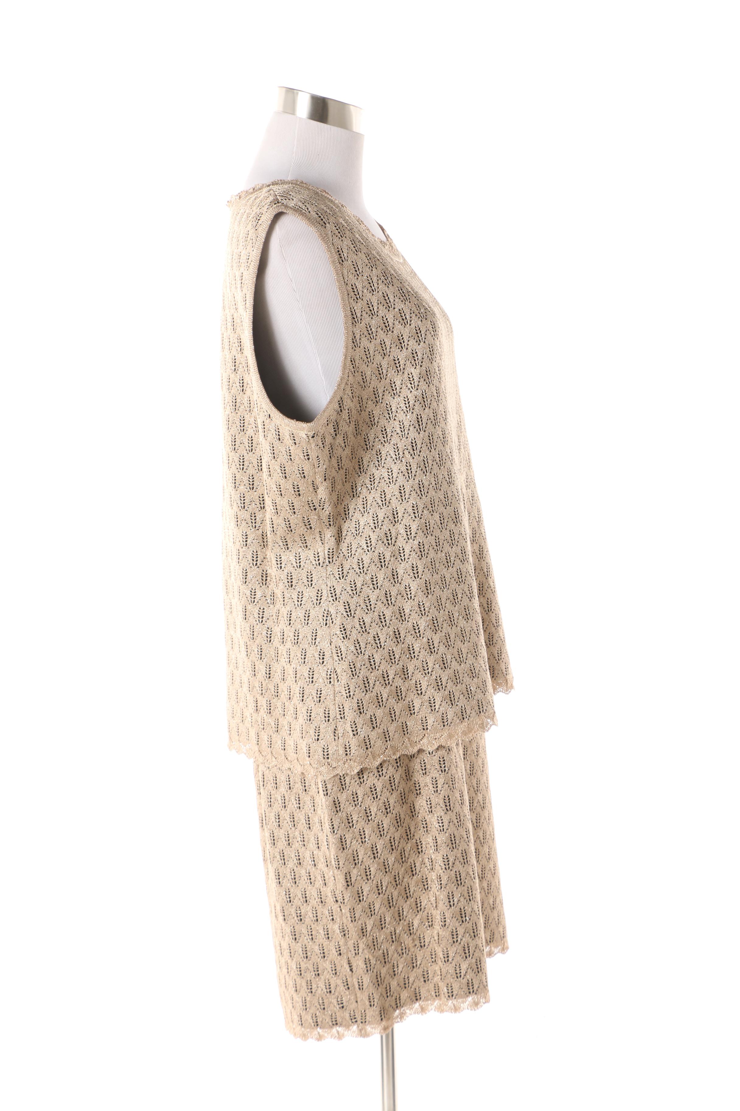 St. John Metallic Gold and Black Open Knit Skirt and Top Set