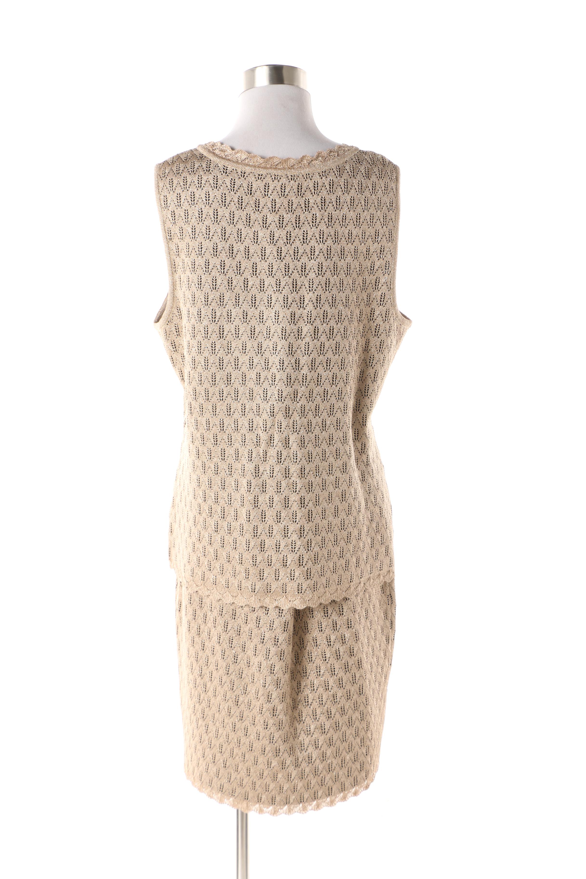 St. John Metallic Gold and Black Open Knit Skirt and Top Set