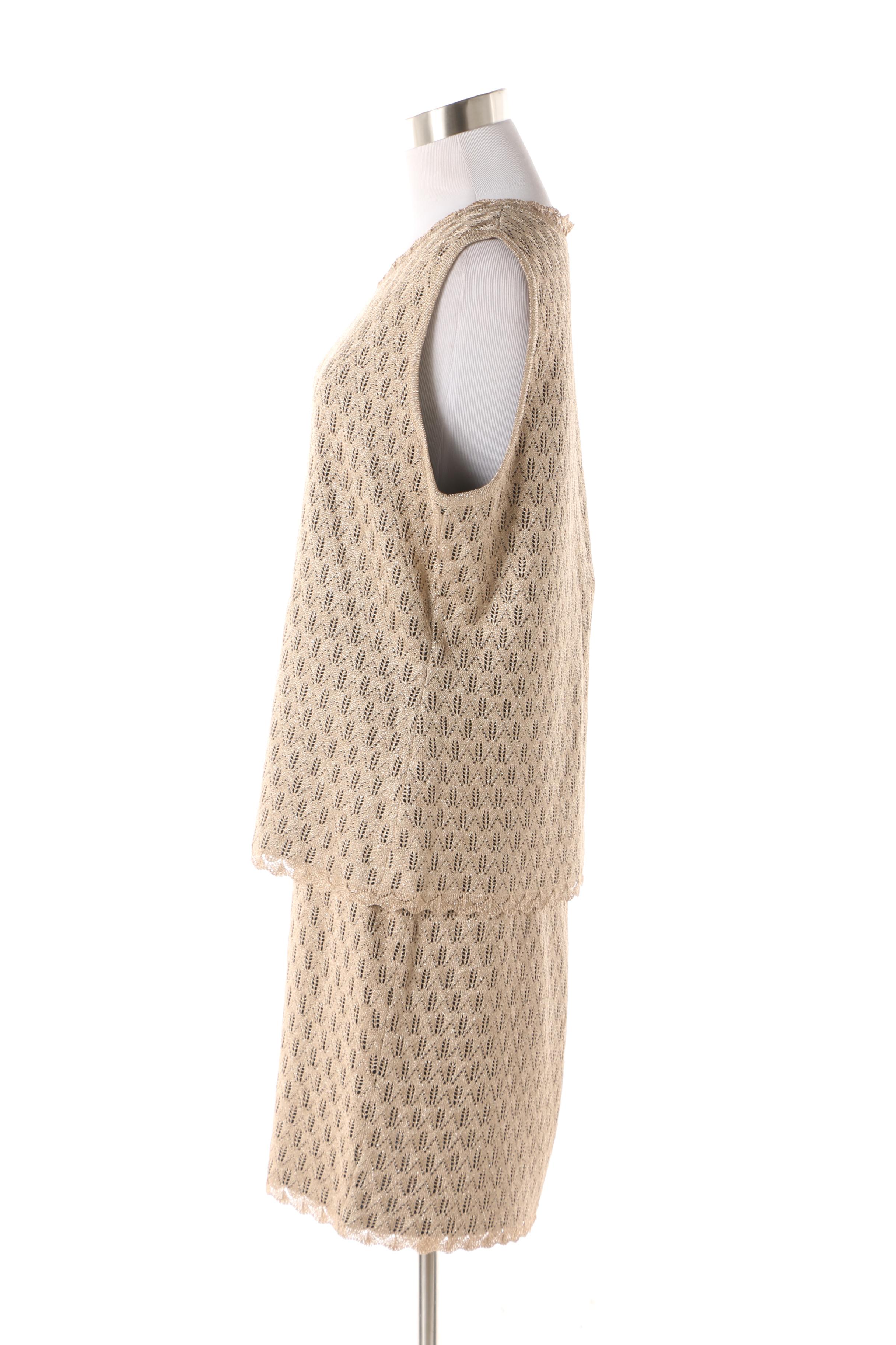 St. John Metallic Gold and Black Open Knit Skirt and Top Set