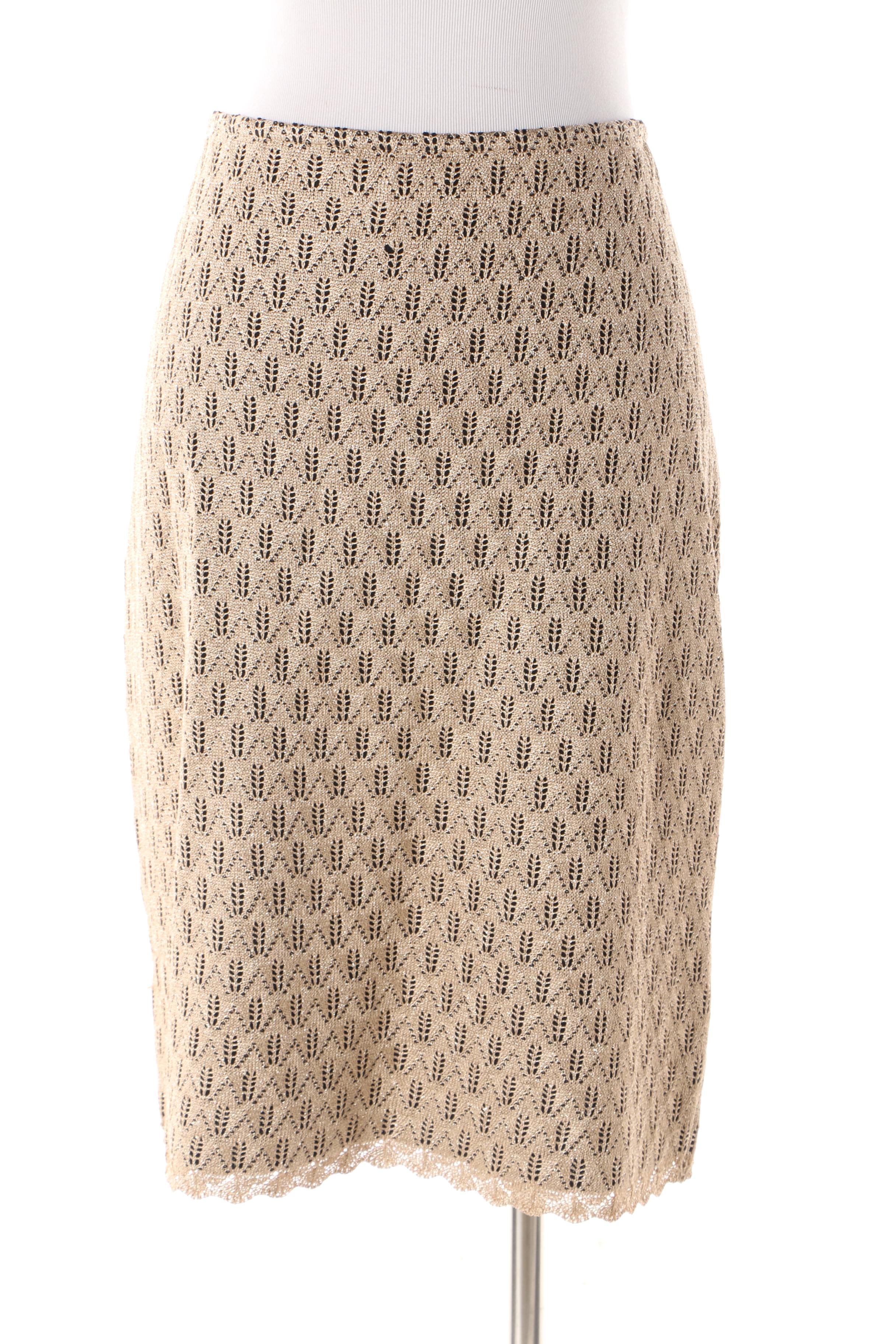 St. John Metallic Gold and Black Open Knit Skirt and Top Set