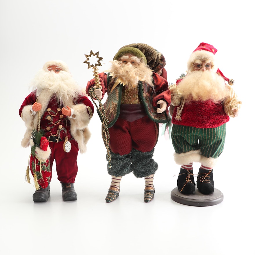 Plush Santa Claus Figurines with Faux Fur and Pine Accents