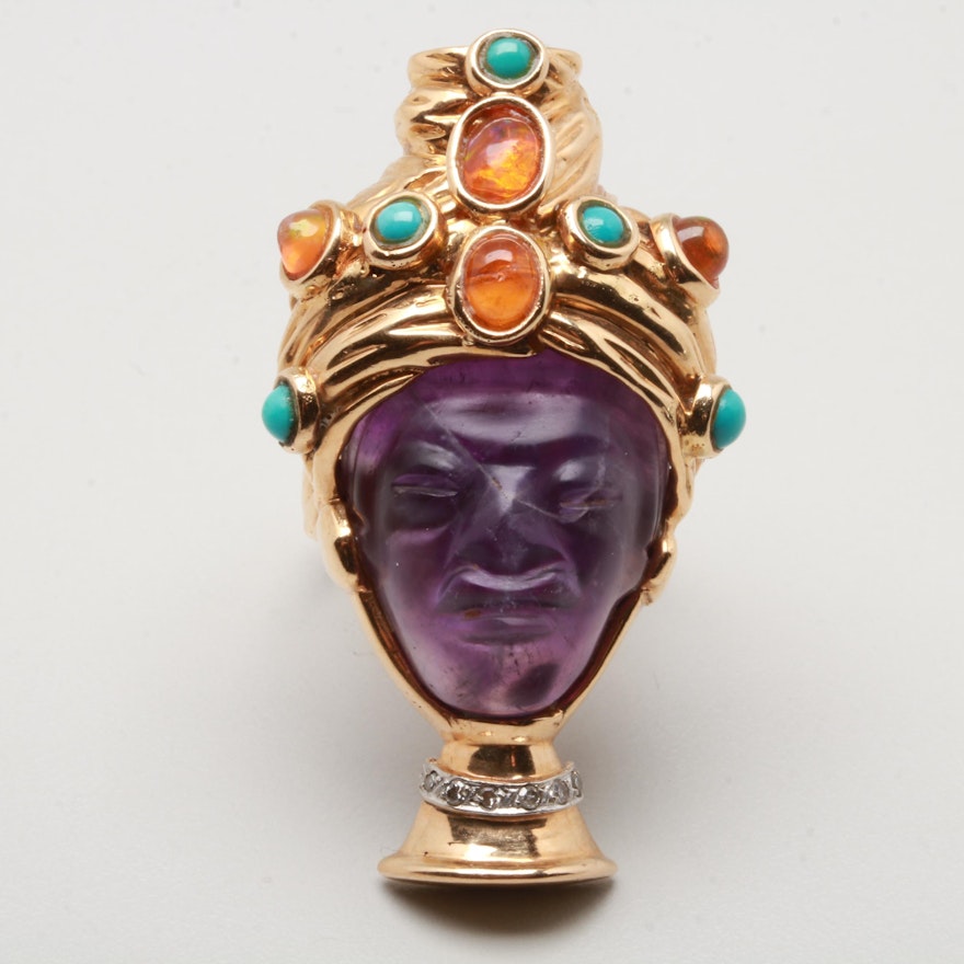 18K Yellow Gold Amethyst, Fire Opal, Turquoise, and Diamond Blackamoor Ring