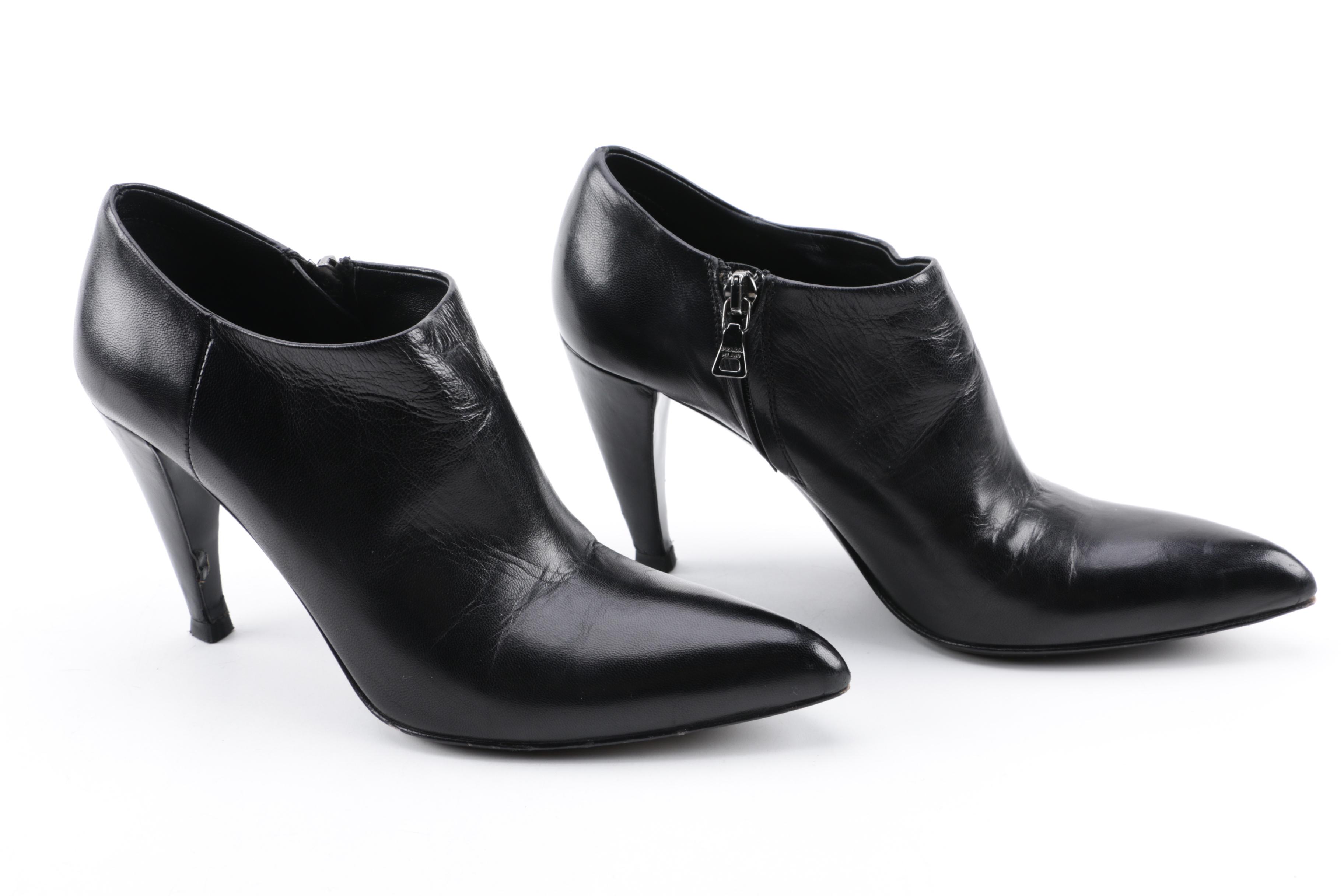 Women's Prada Calzature Donna Black Leather Pointed Toe Booties